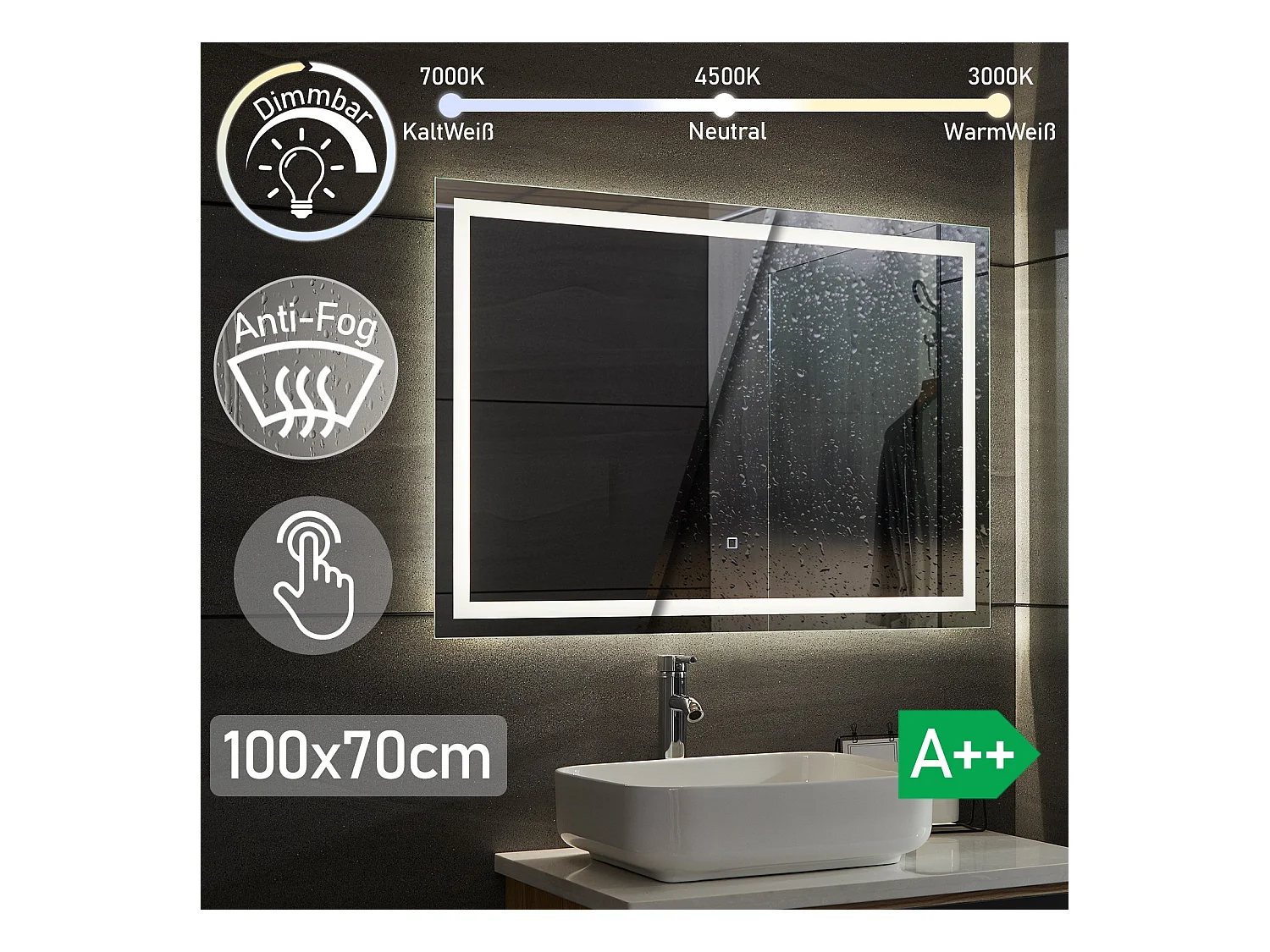 Led spiegel - 100x70 cm - met anti condens functie - dimbaar