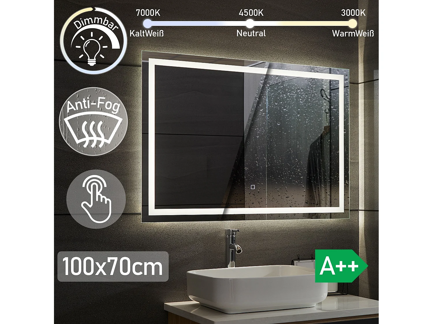 Led spiegel - 100x70 cm - met anti condens functie - dimbaar