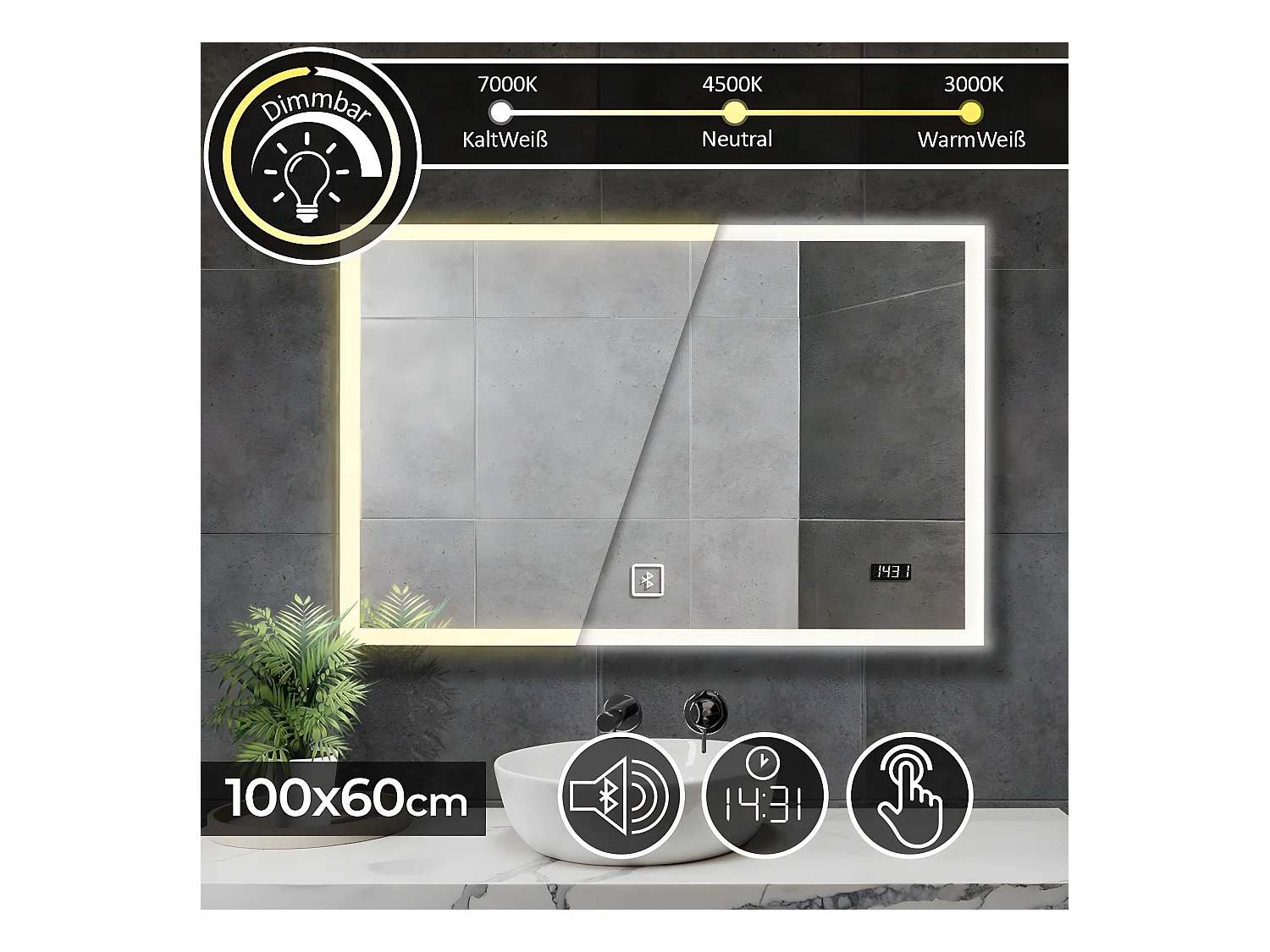 Miroir LED - 100x60 cm - avec haut-parleur Bluetooth + horloge digitale