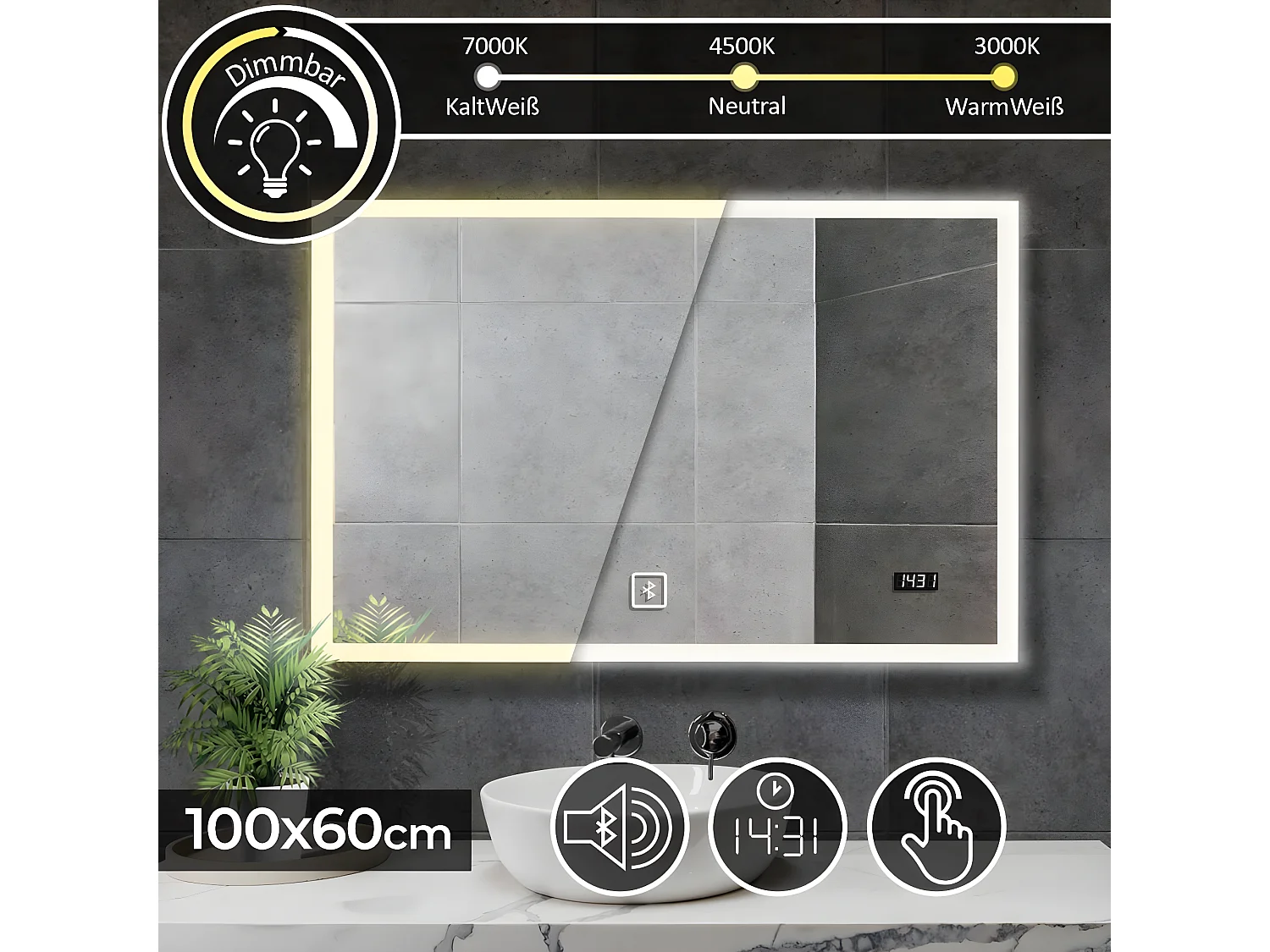 Floraya - Specchio da bagno a LED - 100x60 cm - con altoparlante bluetooth e orologio