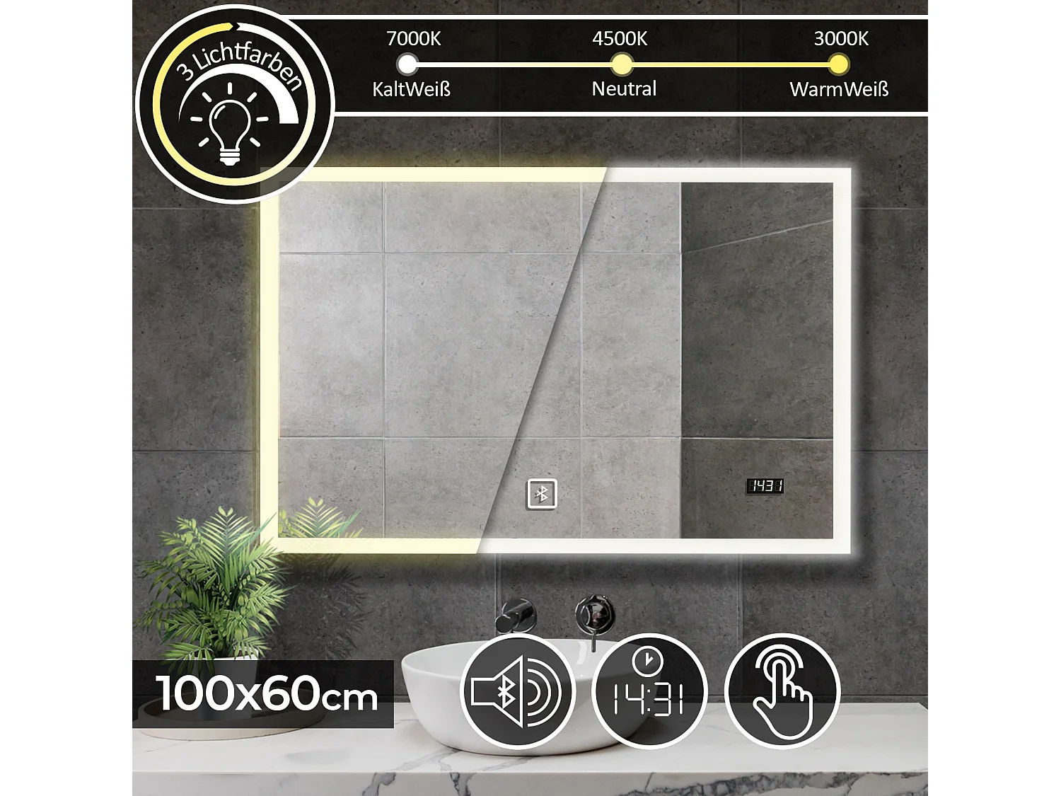 Floraya - Specchio da bagno a LED - 100x60 cm - con altoparlante bluetooth e orologio