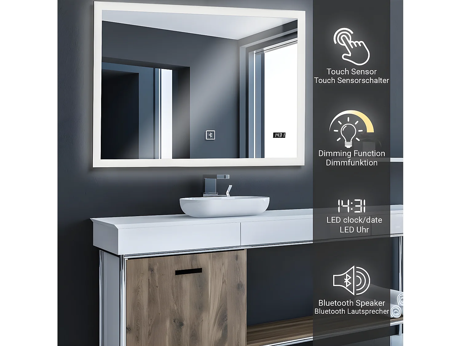 Floraya - Specchio da bagno a LED - 100x60 cm - con altoparlante bluetooth e orologio