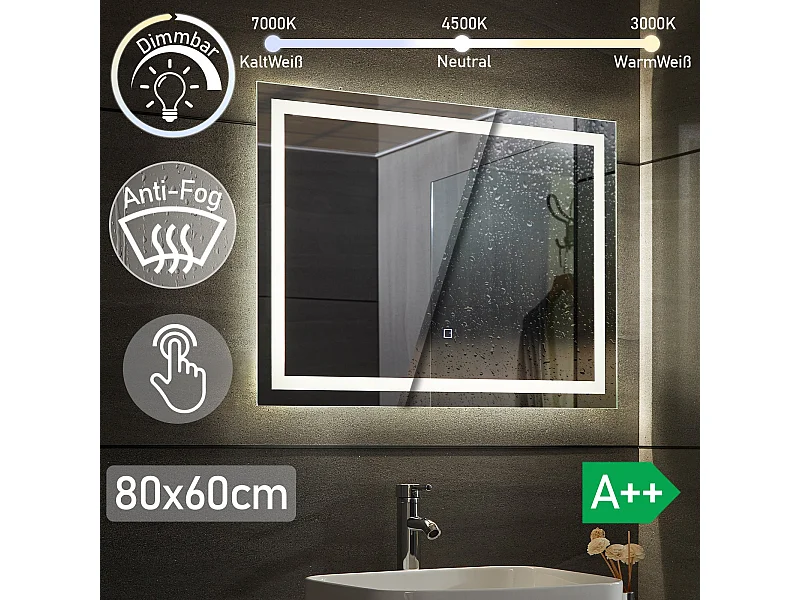 Miroir LED - 80x60 cm - avec fonction anti-condensation - dimmable