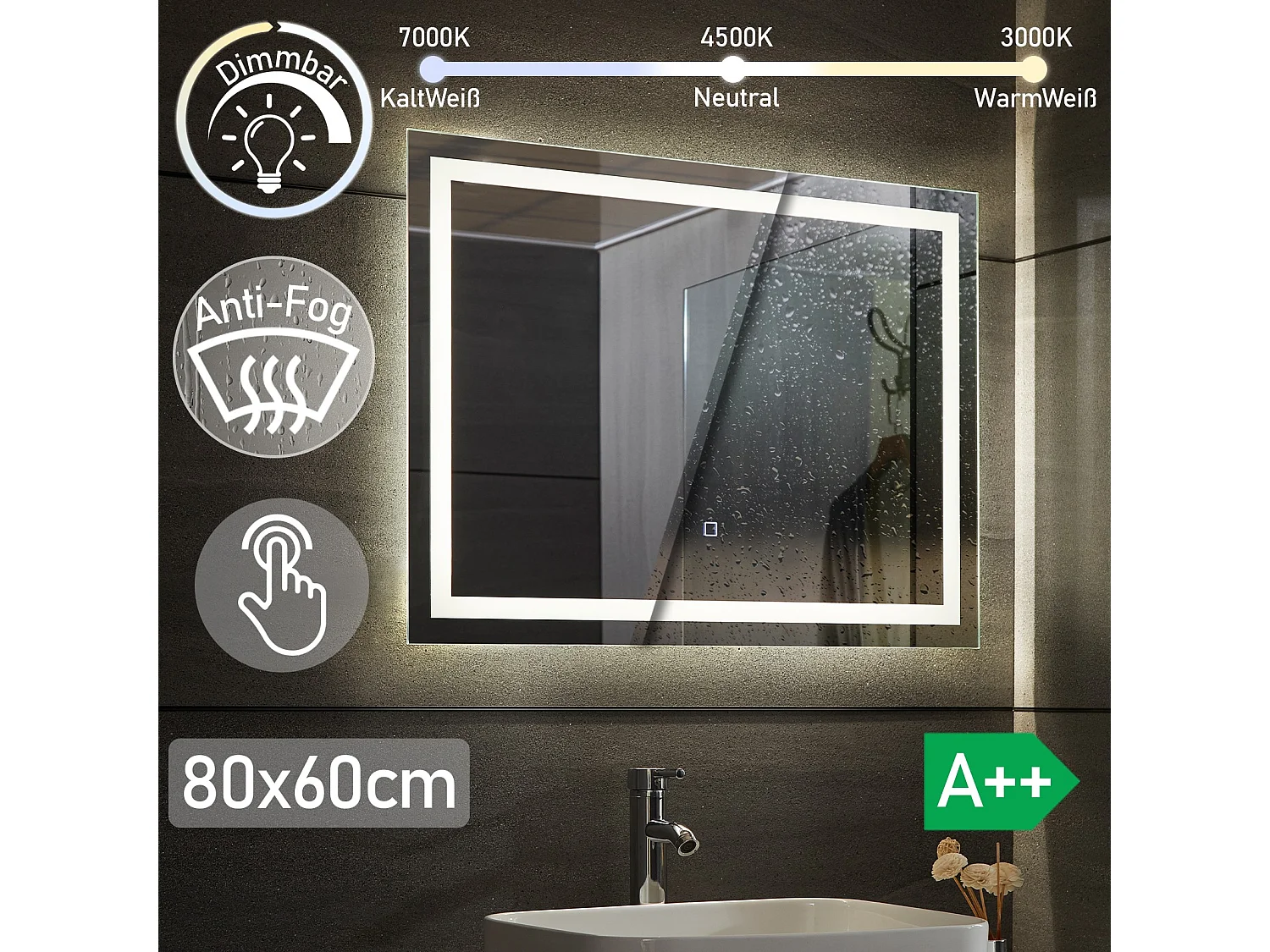 Miroir LED - 80x60 cm - avec fonction anti-condensation - dimmable