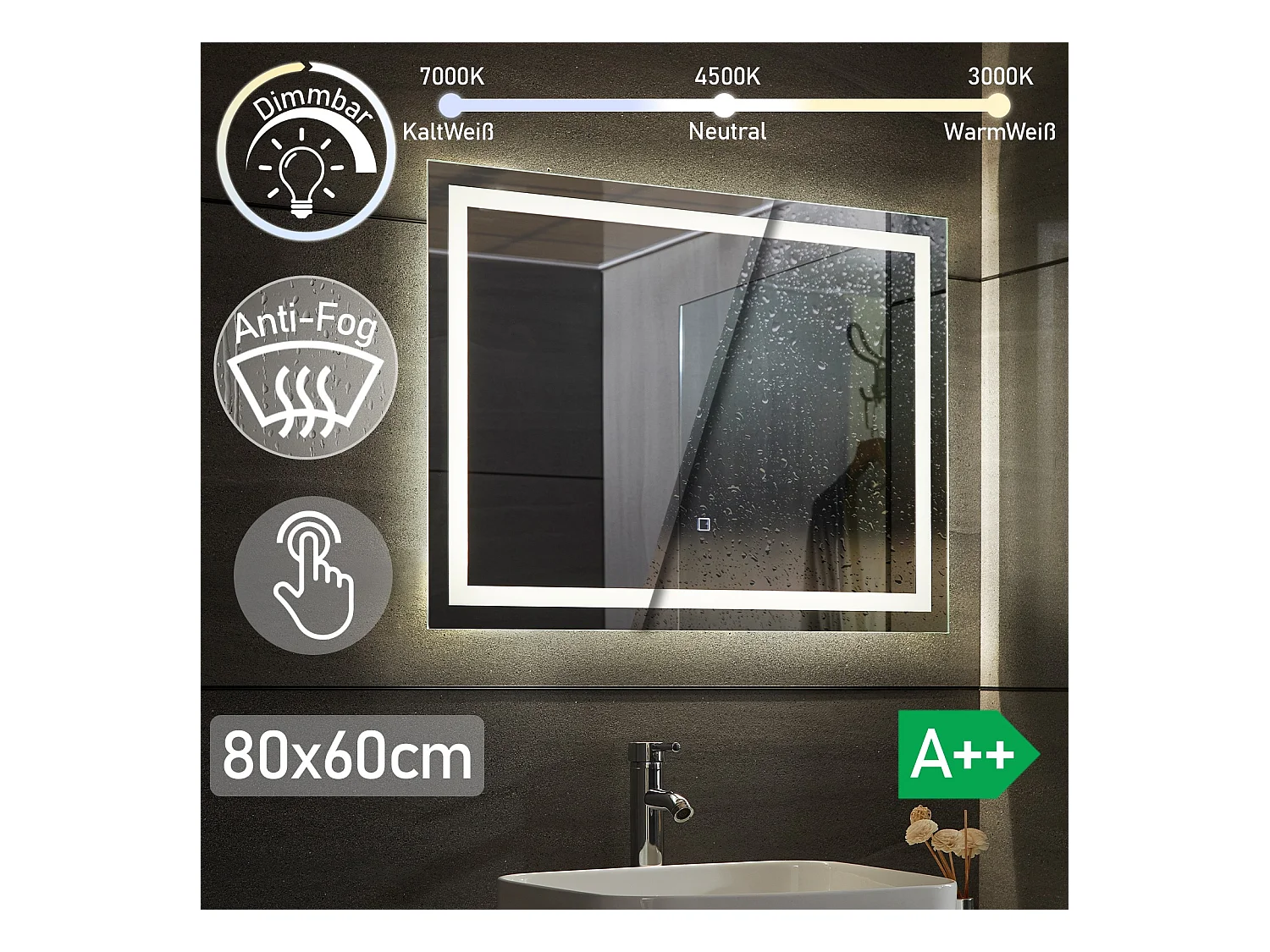 Led spiegel - 80x60 cm - met anti condens functie - dimbaar