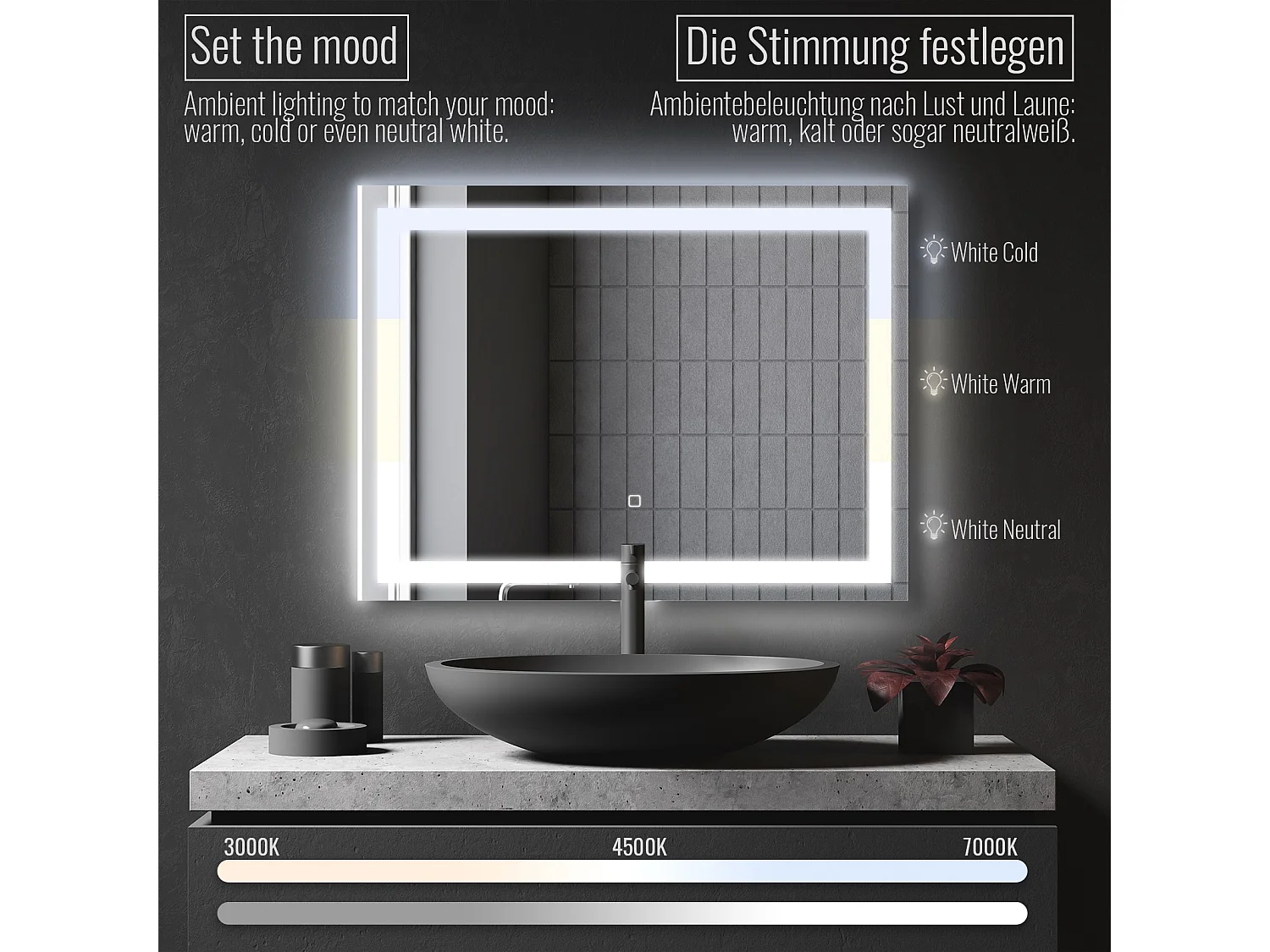 Miroir LED - 80x60 cm - avec fonction anti-condensation - dimmable