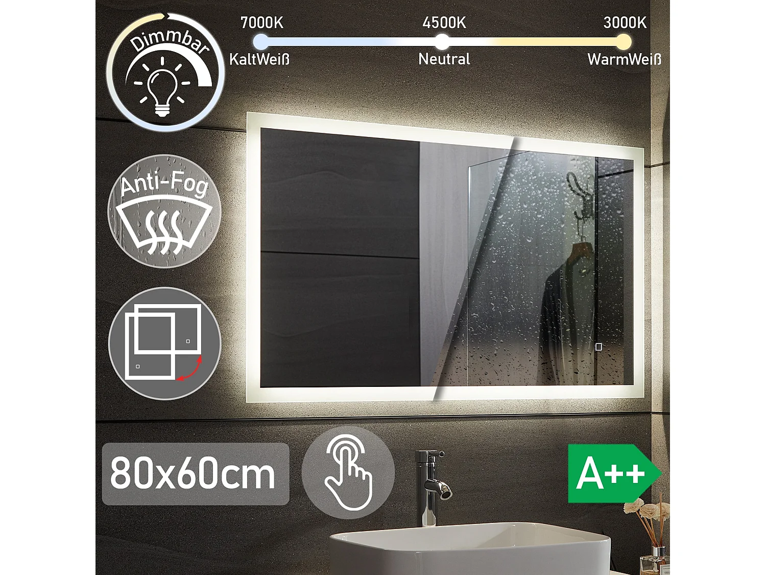 Led spiegel - 80x60 cm - met anti condens functie - dimbaar