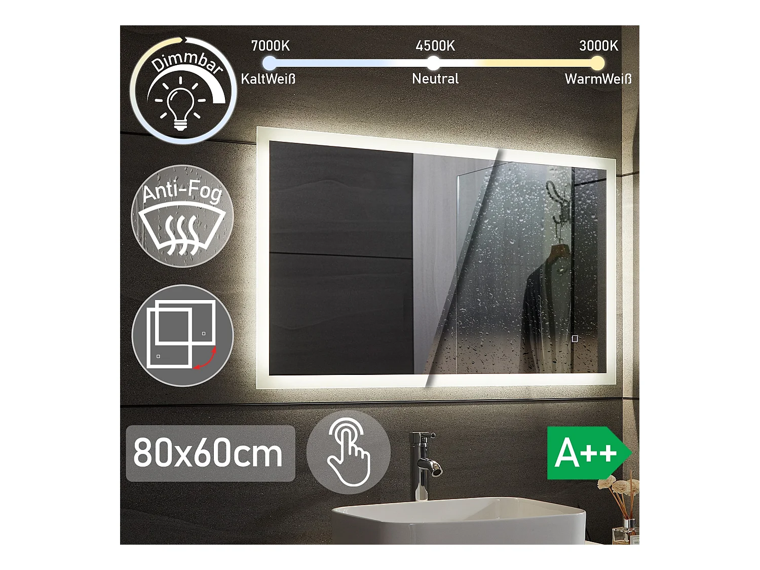 Miroir LED - 80x60 cm - avec fonction anti-condensation - dimmable