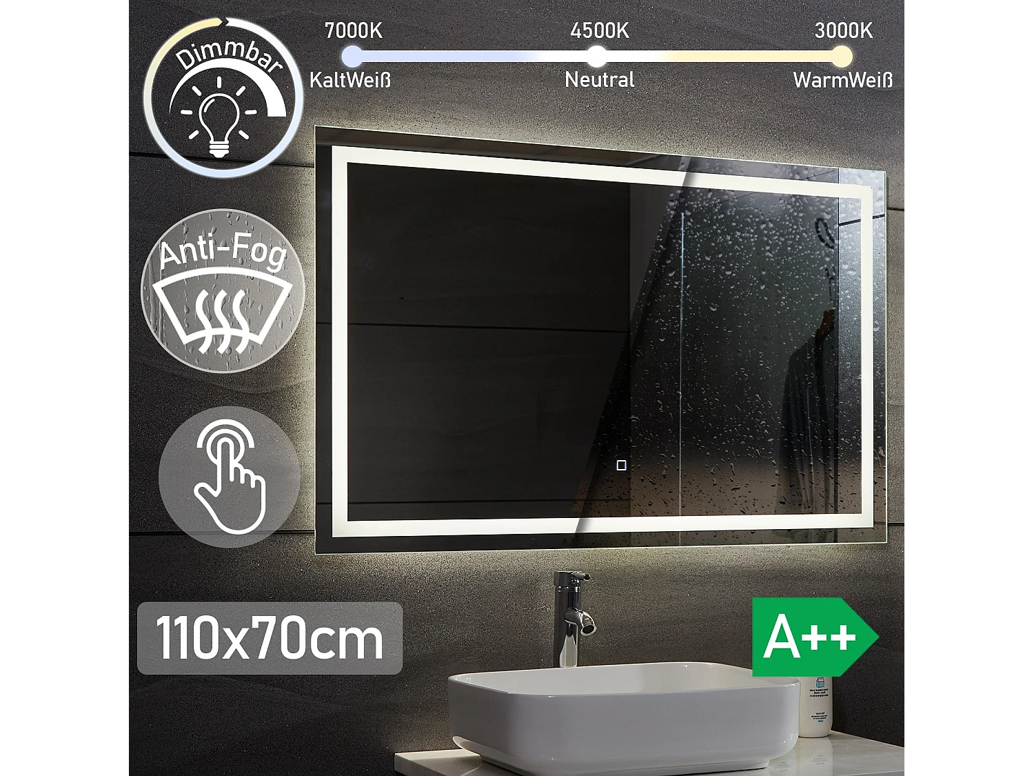 Miroir LED - 110x70 cm - avec fonction anti-condensation