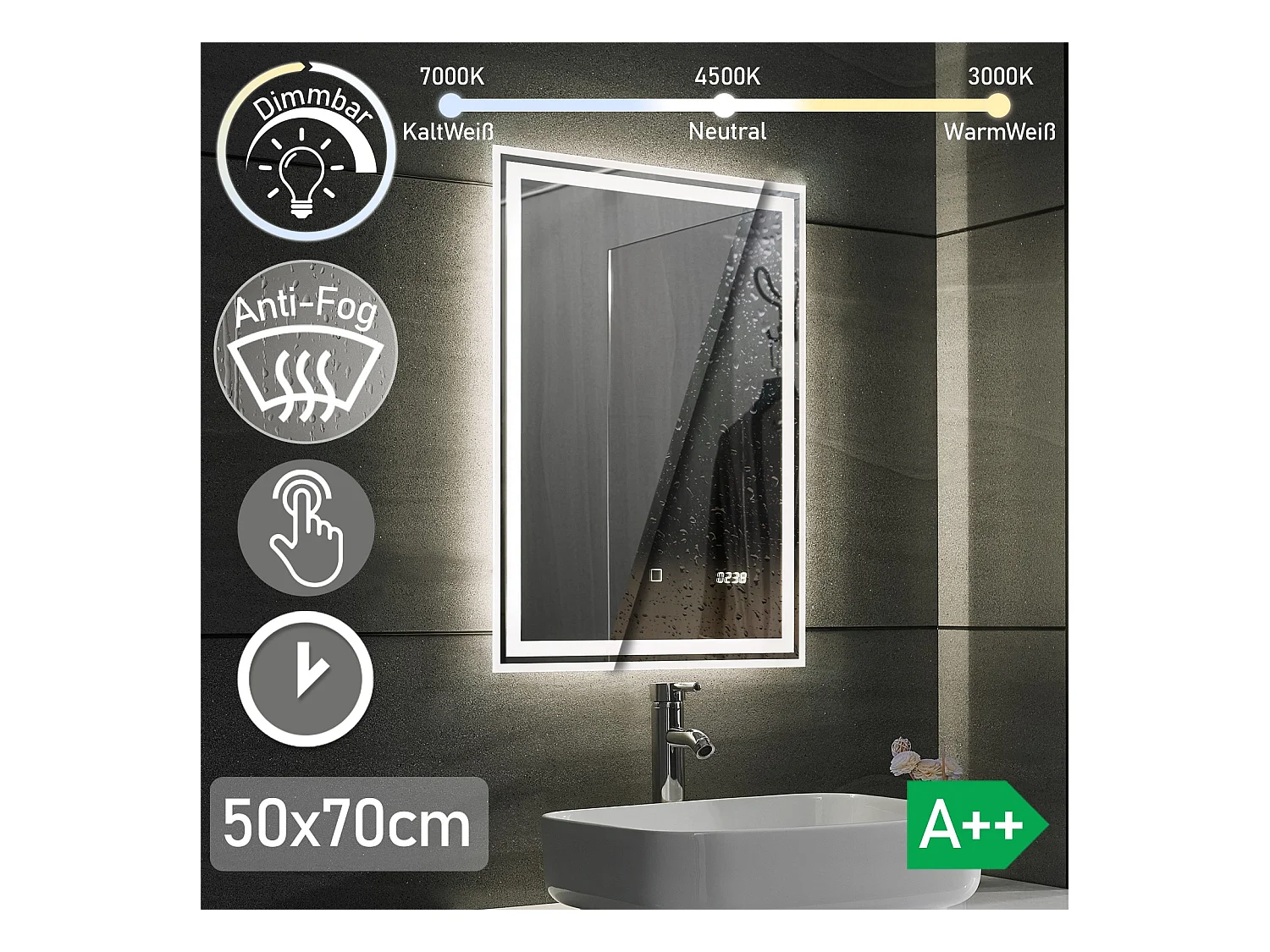 Miroir LED - 50x70 cm - avec fonction anti-condensation + horloge