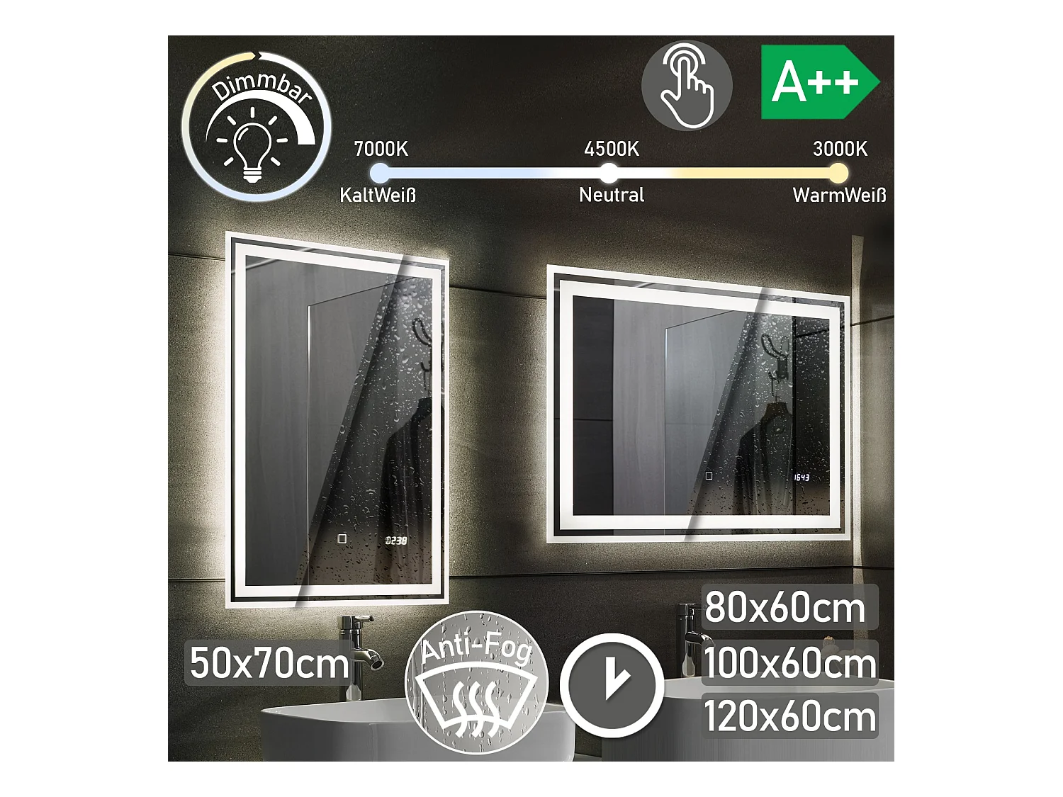 Floraya - Specchio da bagno a LED - 50x70 cm - con funzione anticondensa - con orologio digitale