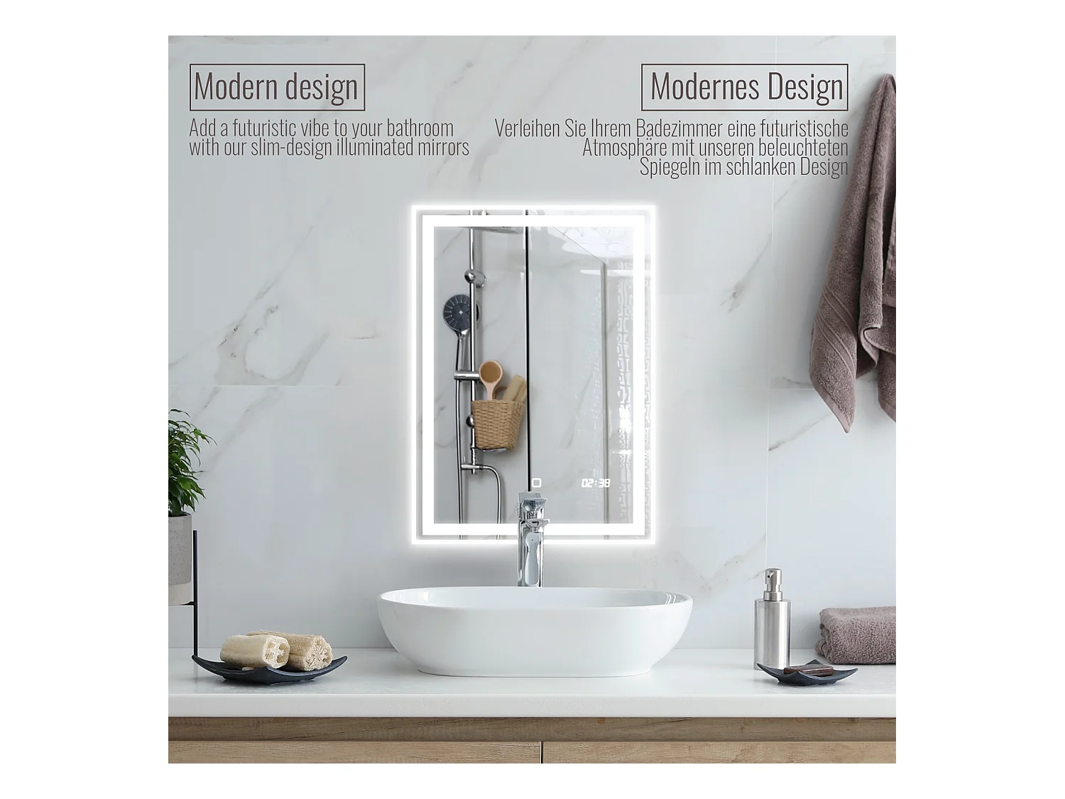 Floraya - Specchio da bagno a LED - 50x70 cm - con funzione anticondensa - con orologio digitale