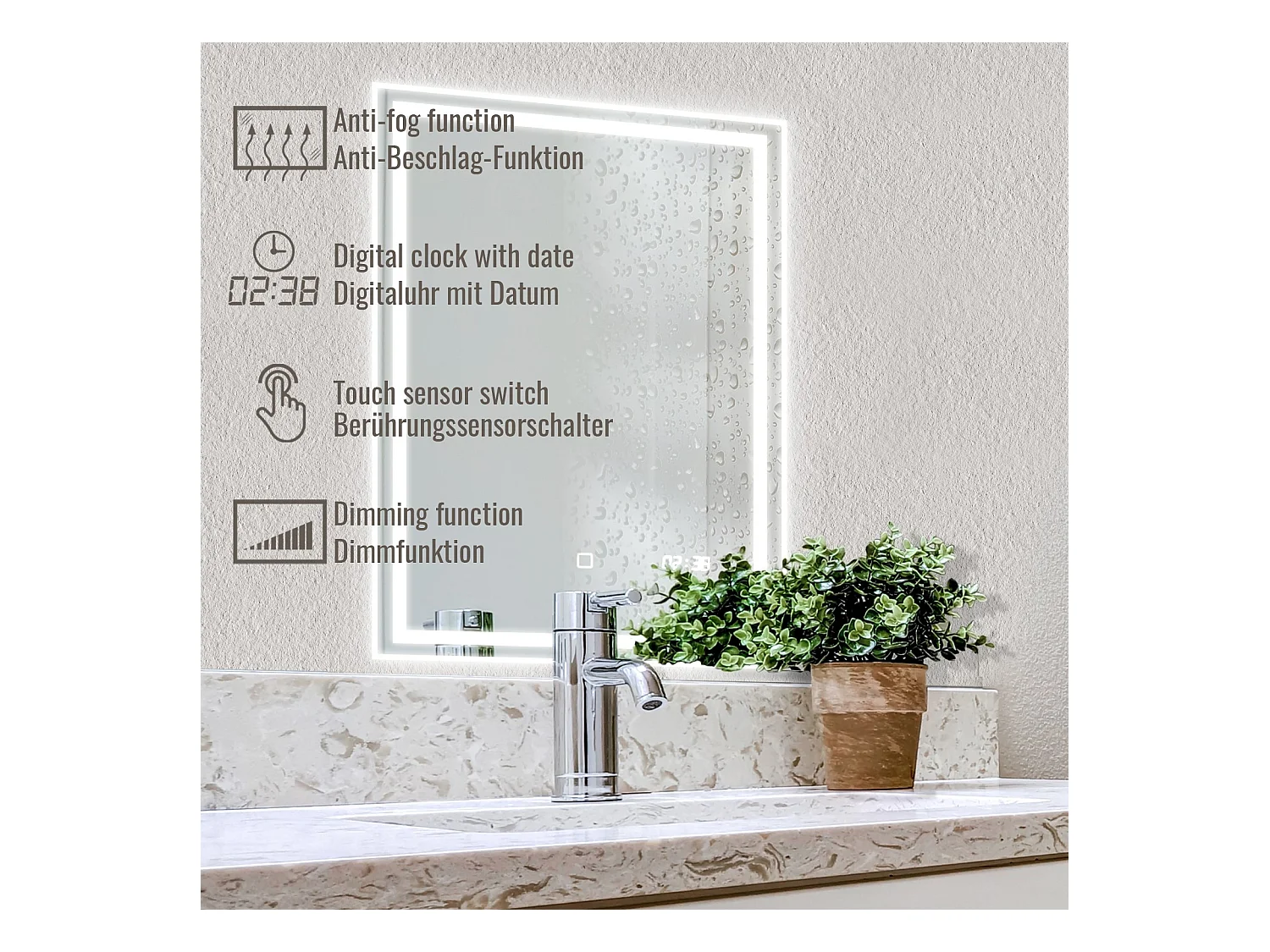Floraya - Specchio da bagno a LED - 50x70 cm - con funzione anticondensa - con orologio digitale