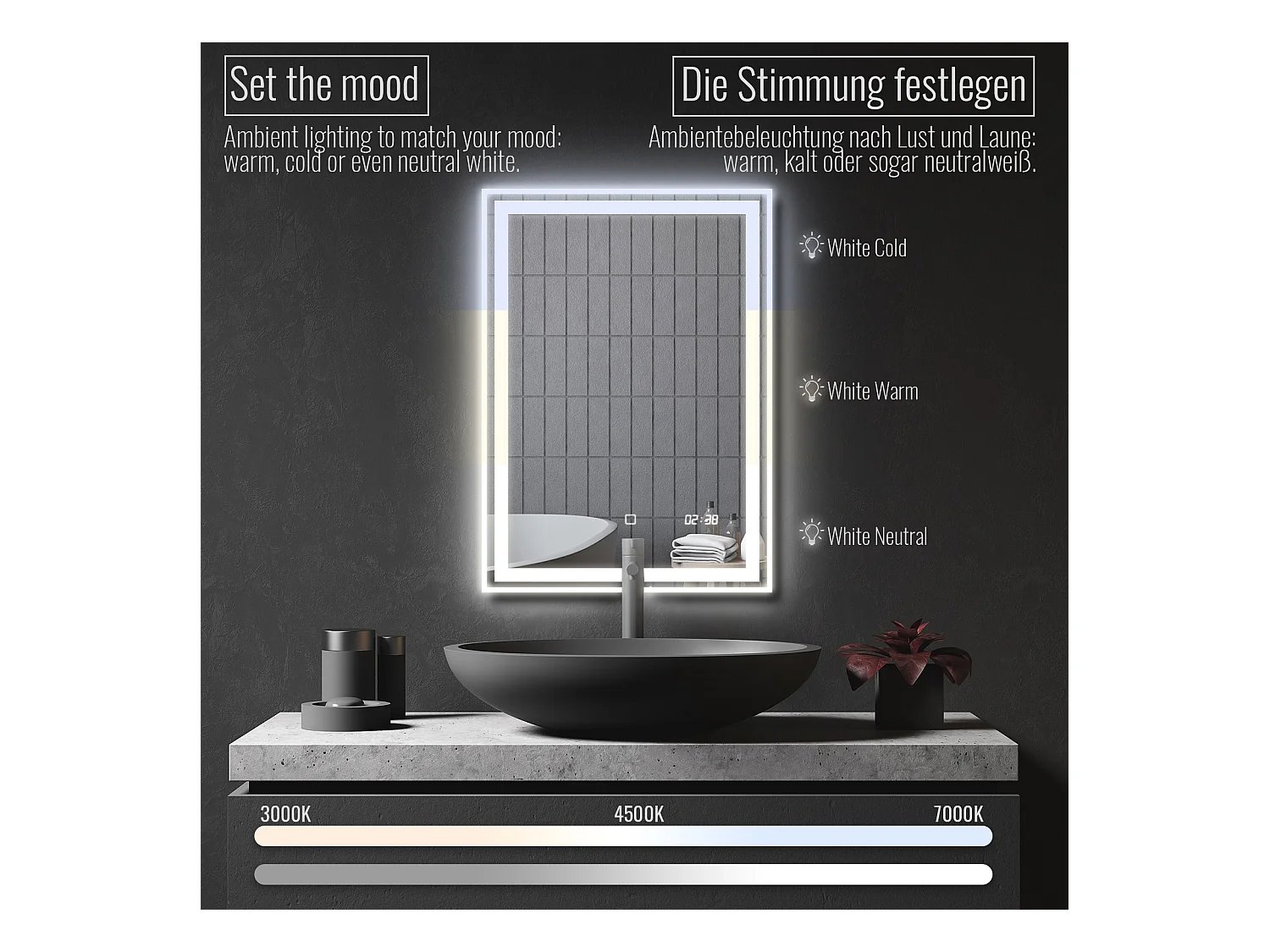 Floraya - Specchio da bagno a LED - 50x70 cm - con funzione anticondensa - con orologio digitale