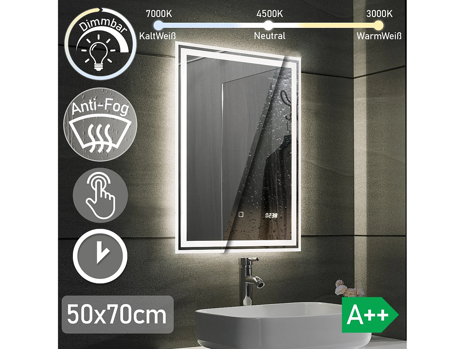 Miroir LED - 50x70 cm - avec fonction anti-condensation + horloge