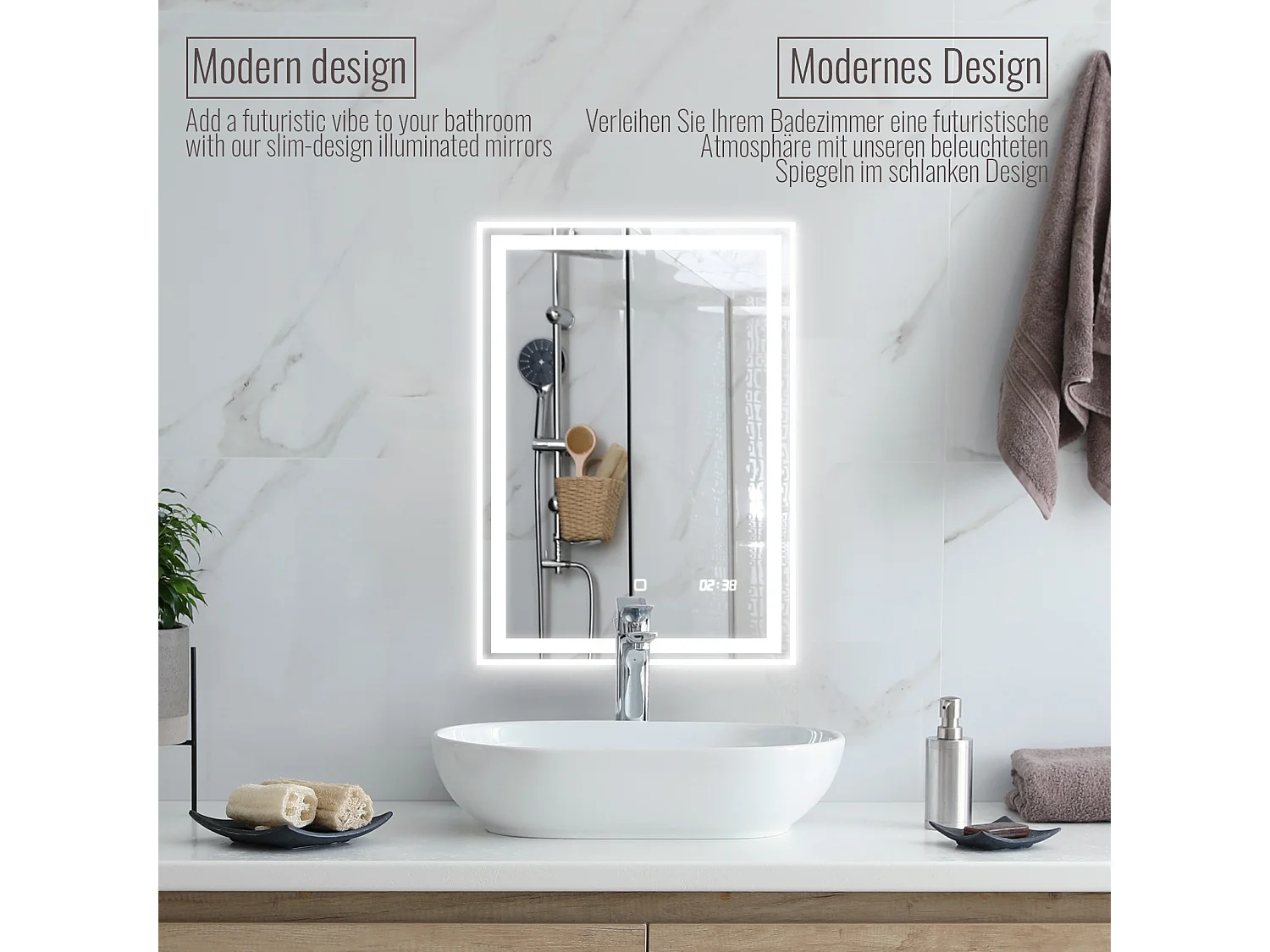 Miroir LED - 50x70 cm - avec fonction anti-condensation + horloge