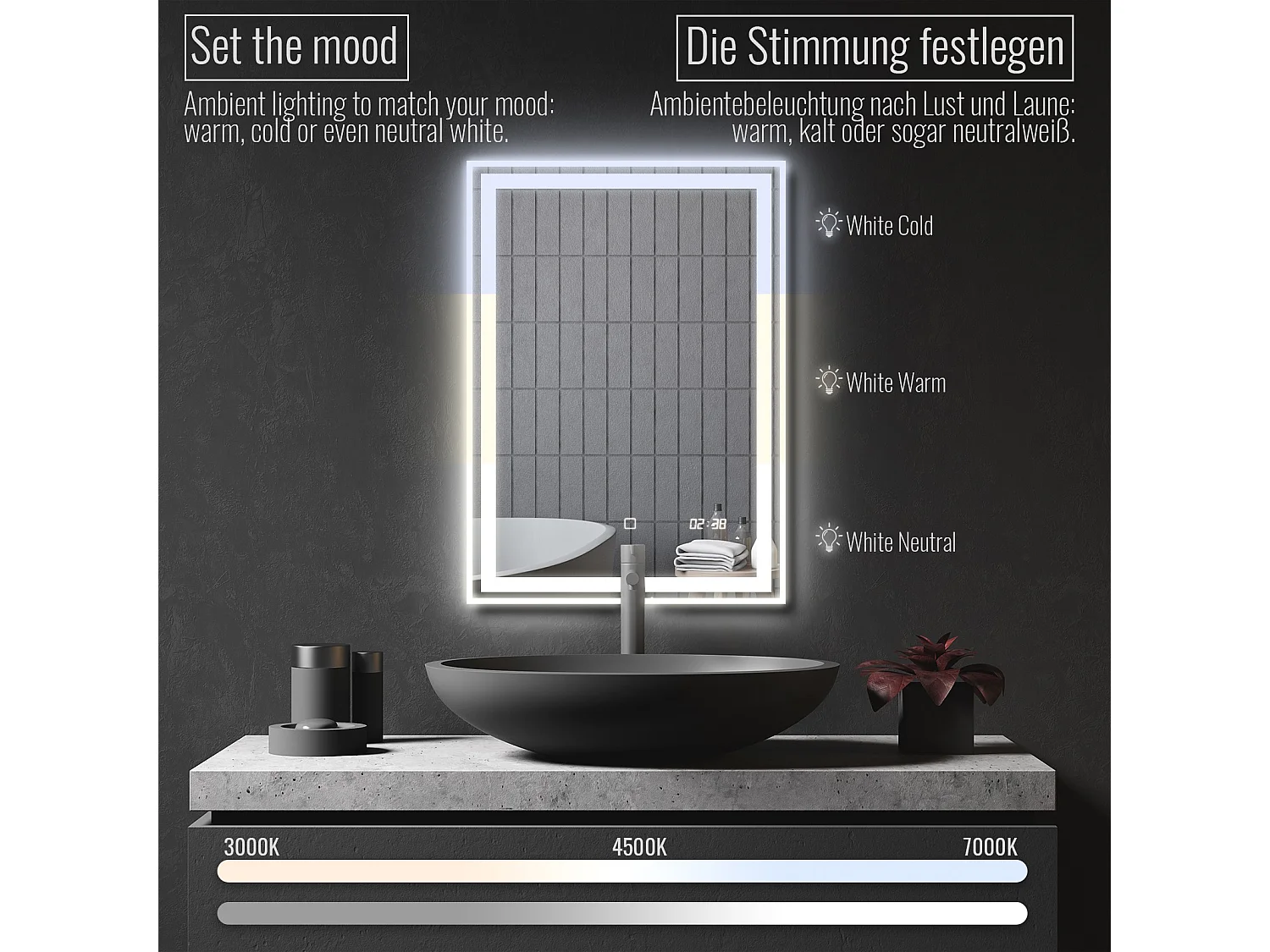 Miroir LED - 50x70 cm - avec fonction anti-condensation + horloge