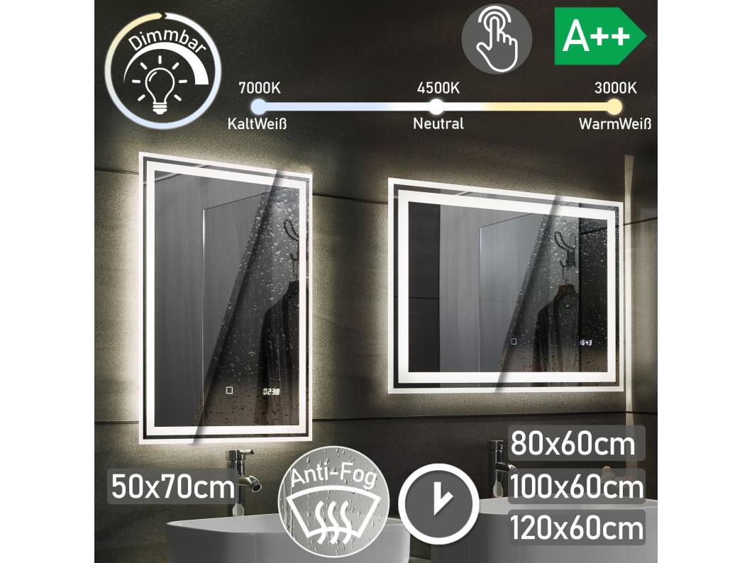 Led spiegel - 50x70 cm - met anti condens functie + klok