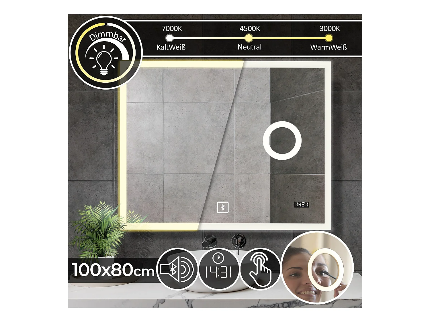 Miroir LED - 100x80 cm - avec haut-parleur Bluetooth + miroir de maquillage + horloge digitale