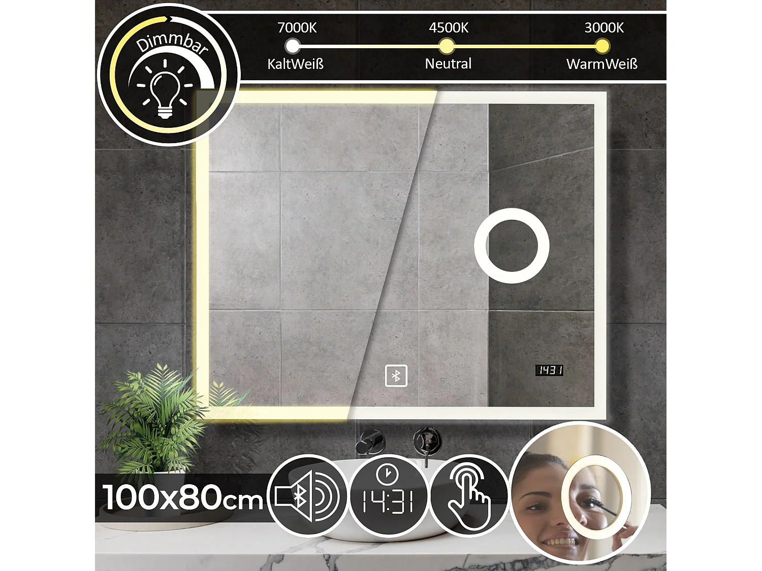 Miroir LED - 100x80 cm - avec haut-parleur Bluetooth + miroir de maquillage + horloge digitale