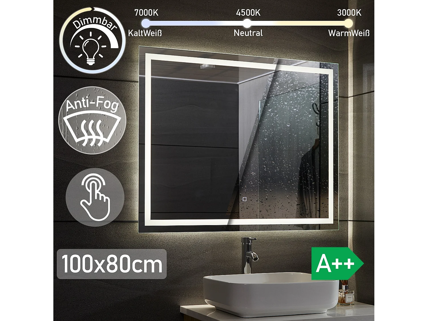 Led spiegel - 100x80 cm - met anti condens functie