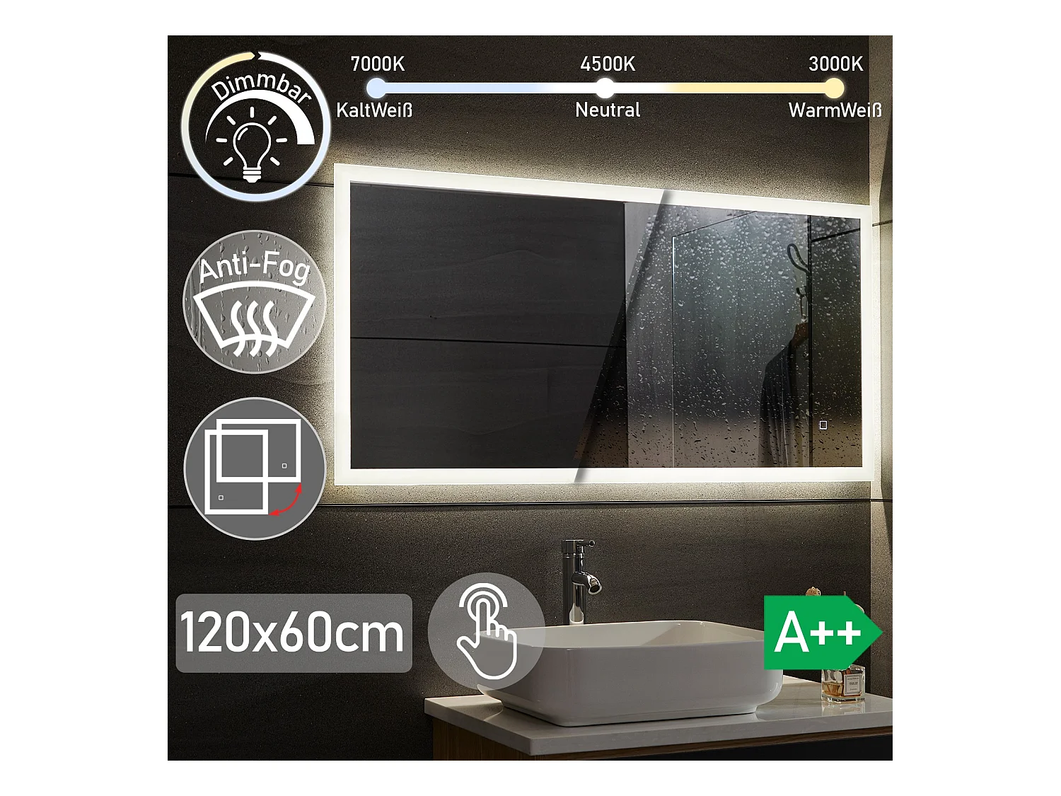 Led spiegel - 120x60 cm - met anti condens functie - dimbaar
