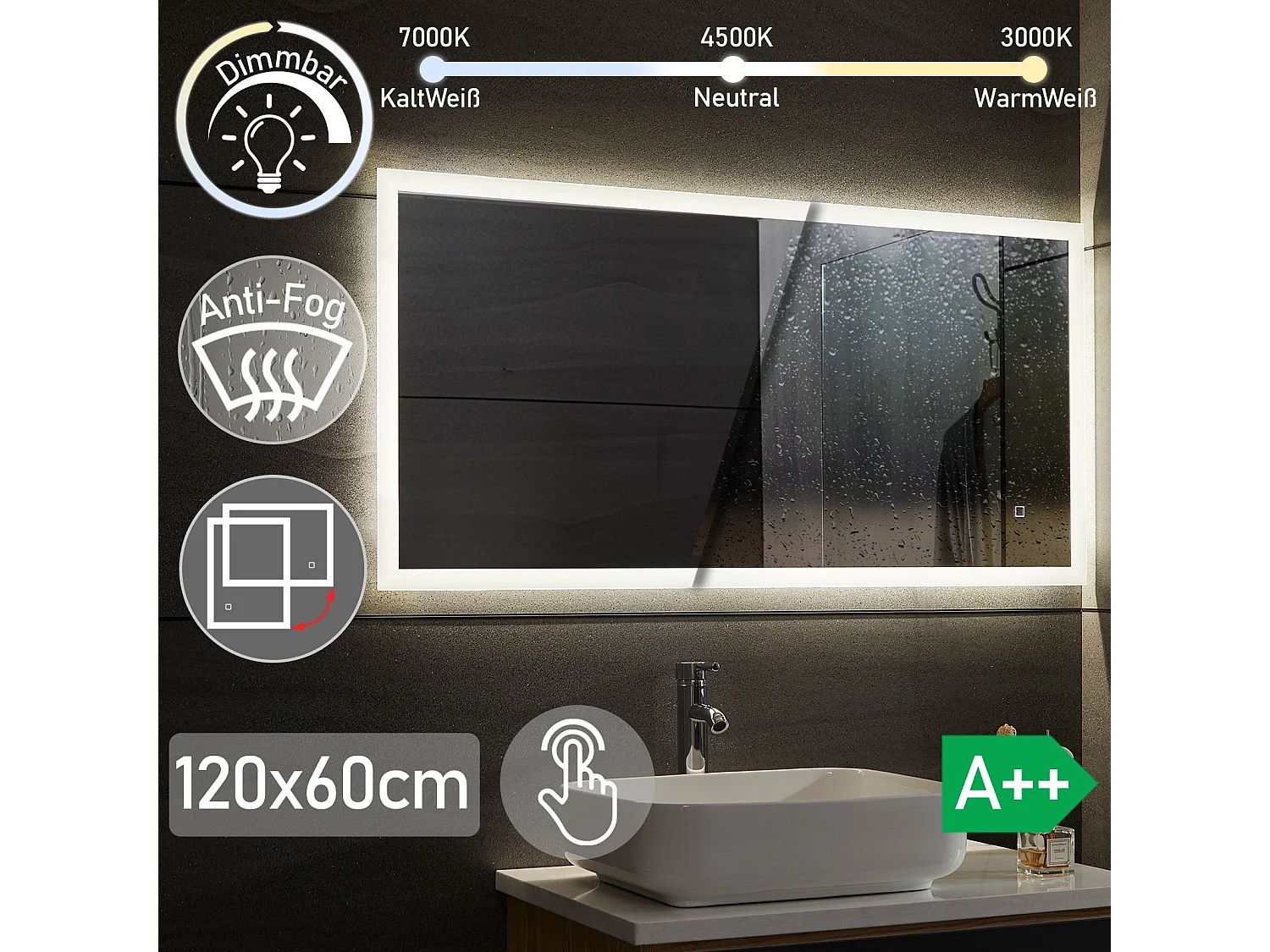 Miroir LED - 120x60 cm - avec fonction anti-condensation - dimmable