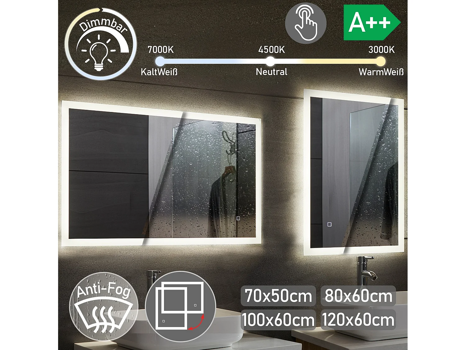 Miroir LED - 120x60 cm - avec fonction anti-condensation - dimmable