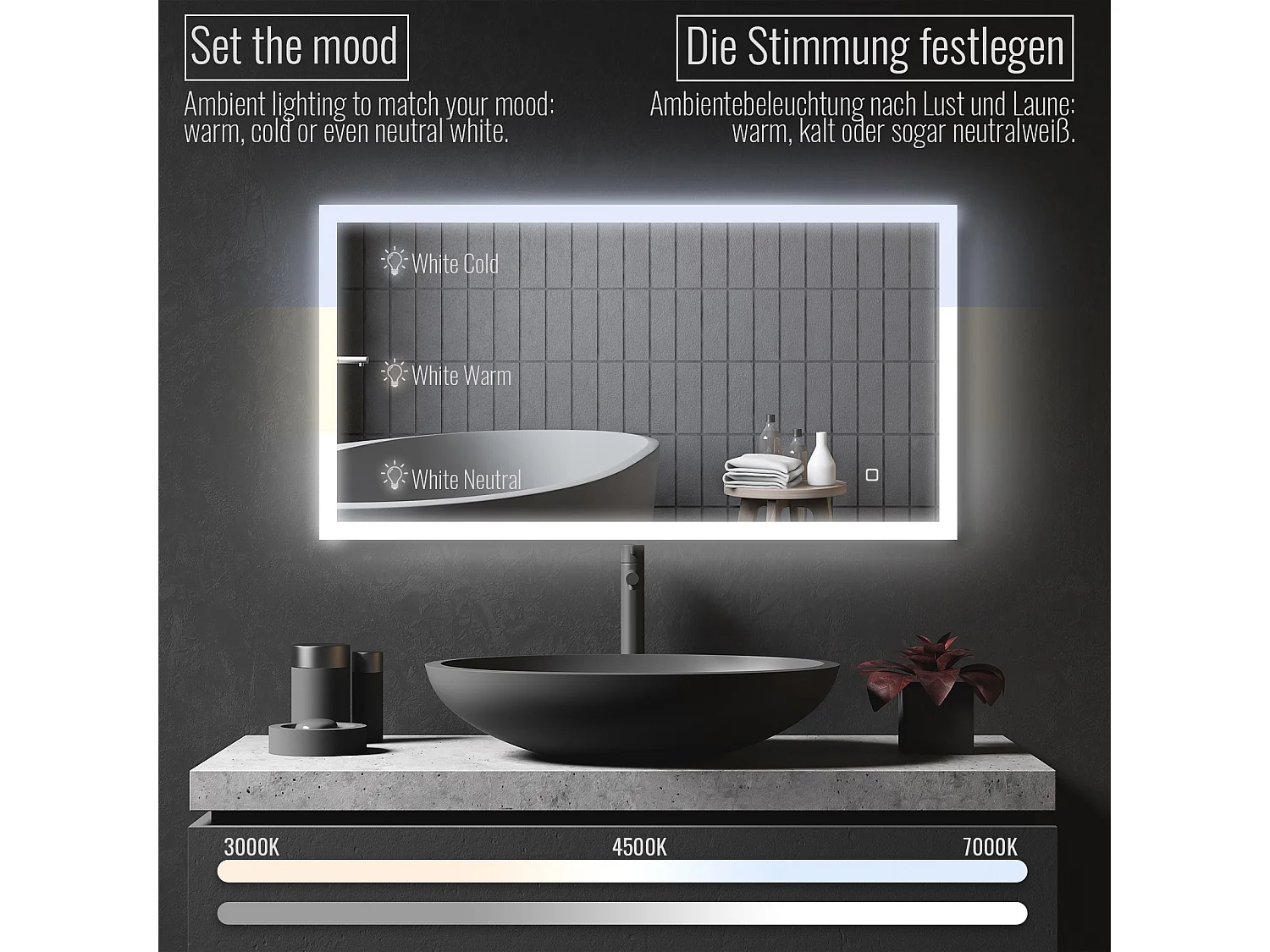 Miroir LED - 120x60 cm - avec fonction anti-condensation - dimmable
