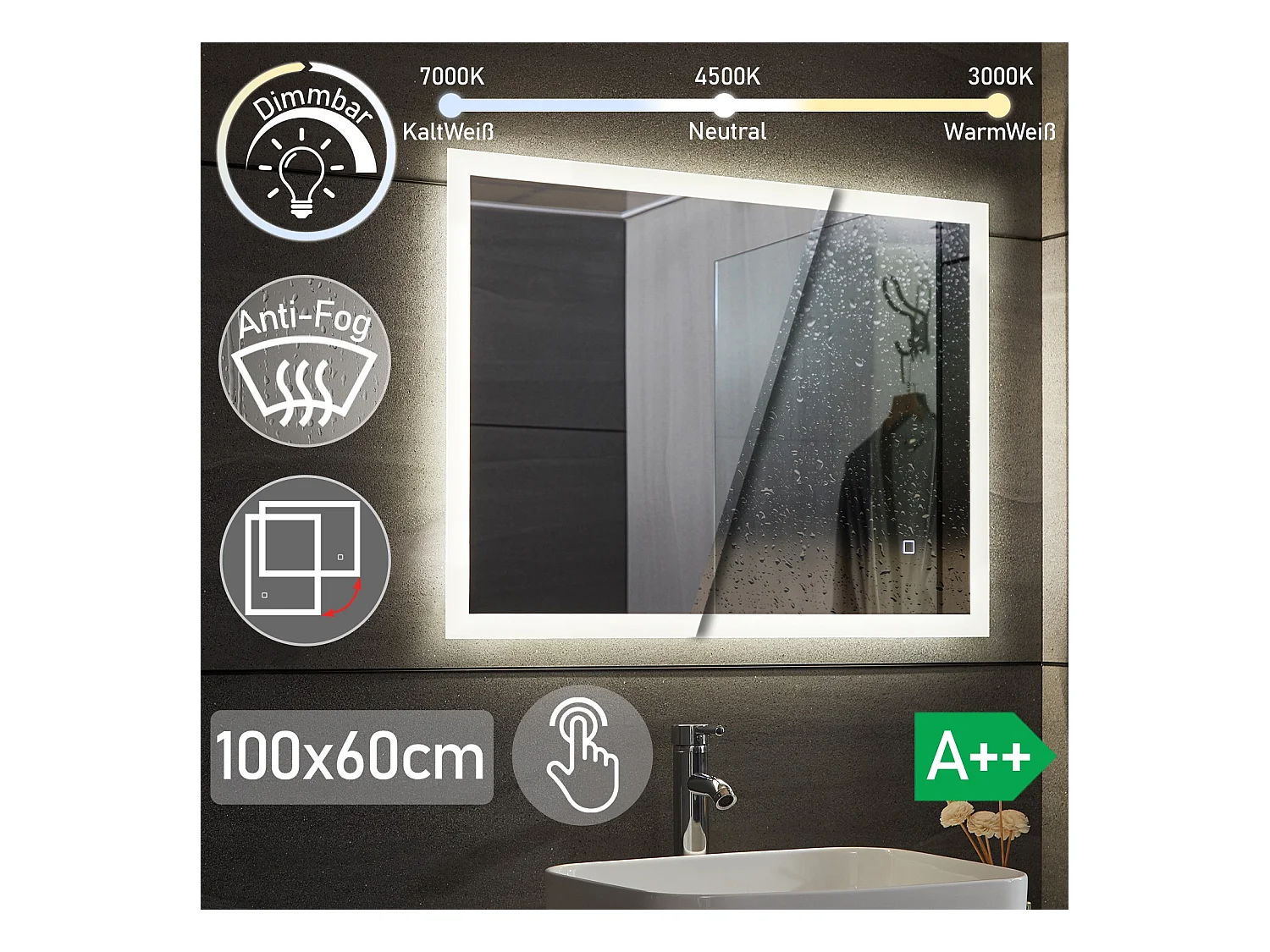 Led spiegel - 100x60 cm - met anti condens functie - dimbaar