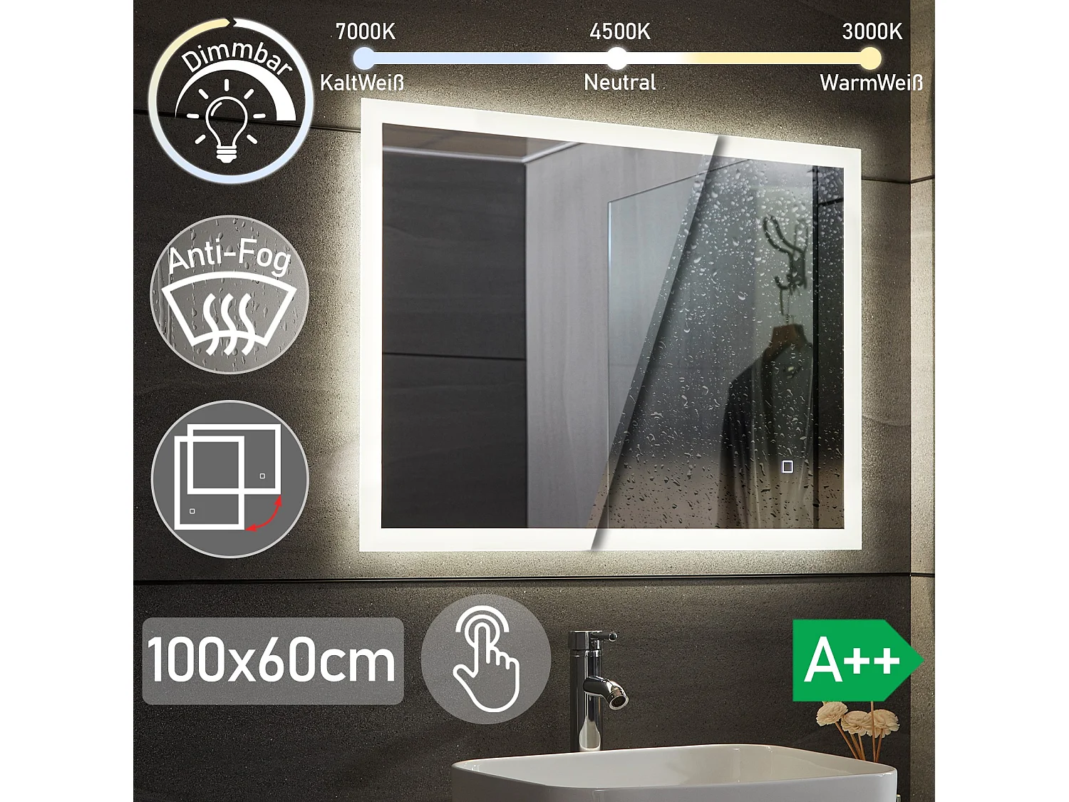 Miroir LED - 100x60 cm - avec fonction anti-condensation - dimmable