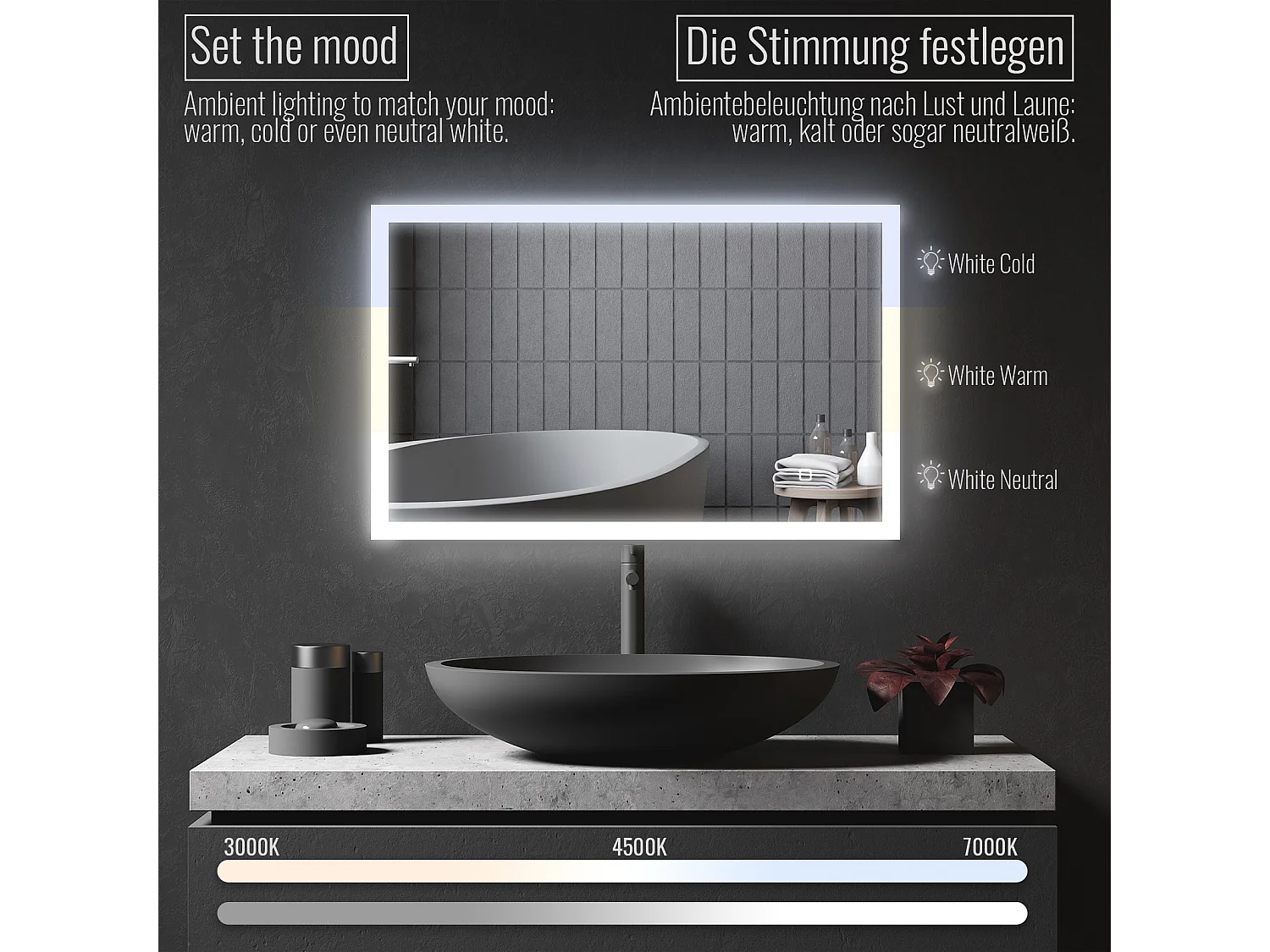 Miroir LED - 100x60 cm - avec fonction anti-condensation - dimmable