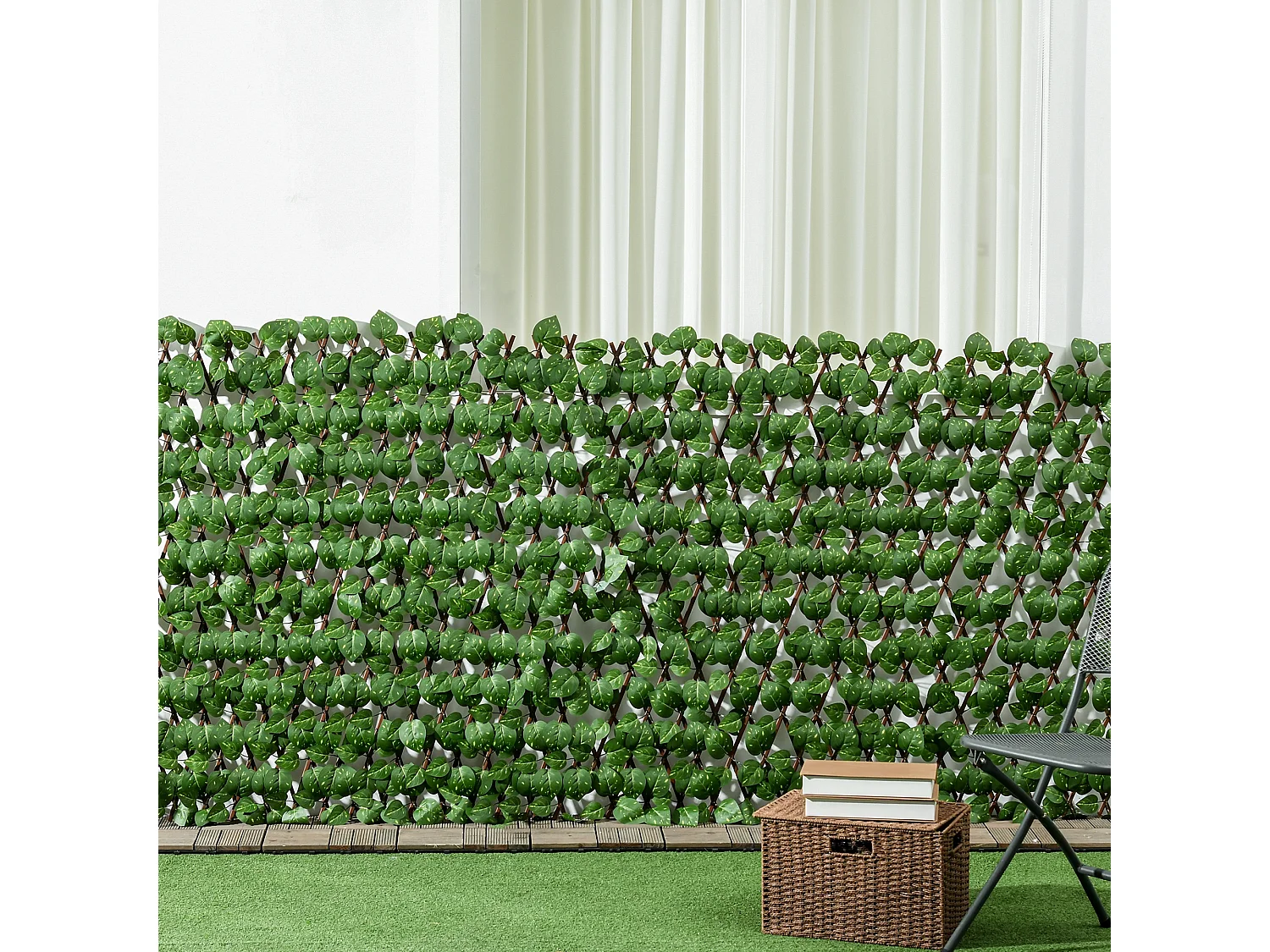 Lot de 2 haies artificielles feuilles de radis - treillis extensibles - brise-vue canisse végétale feuillage réaliste 2L x 1H m PE marron vert