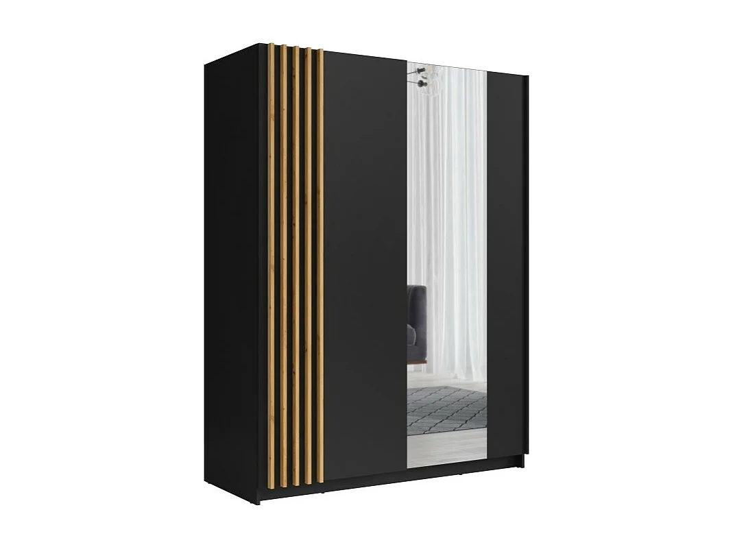 Armário design 150cm nas cores preto e carvalho, coleção VARIA. Duas portas de correr. Guarda-roupa completo com espelho.
