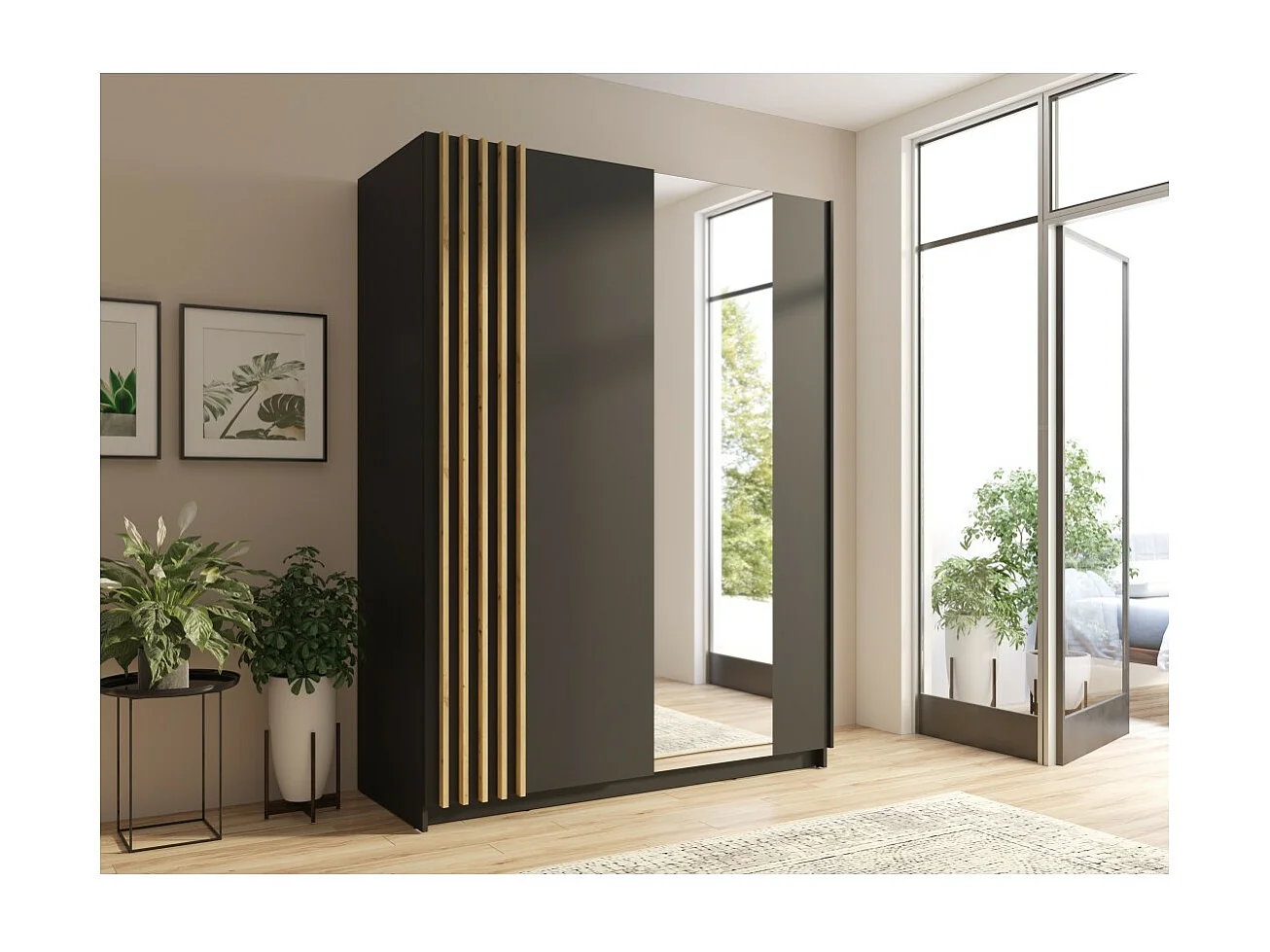 Armário design 150cm nas cores preto e carvalho, coleção VARIA. Duas portas de correr. Guarda-roupa completo com espelho.