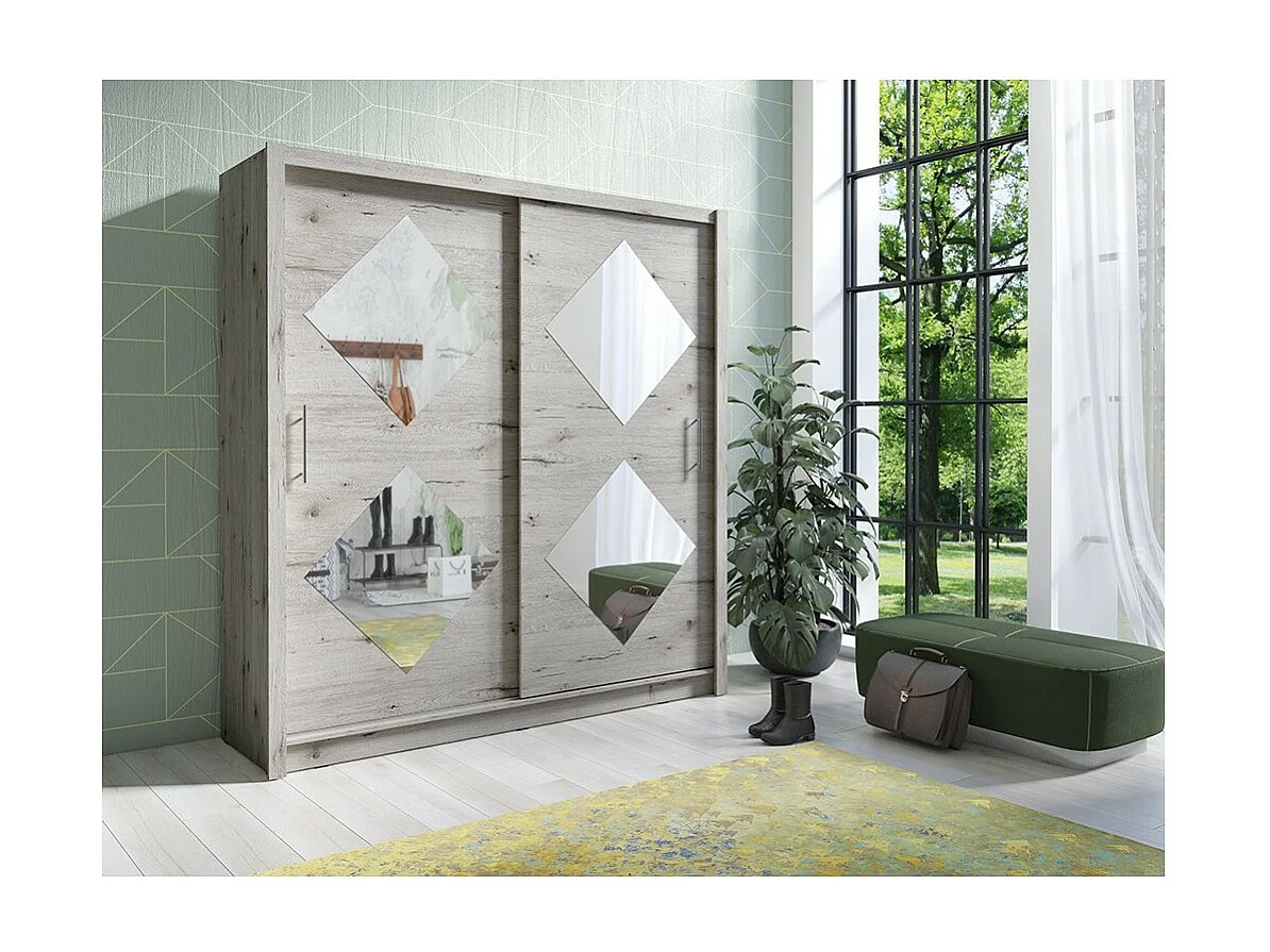 Schwebetürenschrank 205 cm mit 4 quadratischen Spiegeln - Wellington-Eiche - Kollektion OZZULA