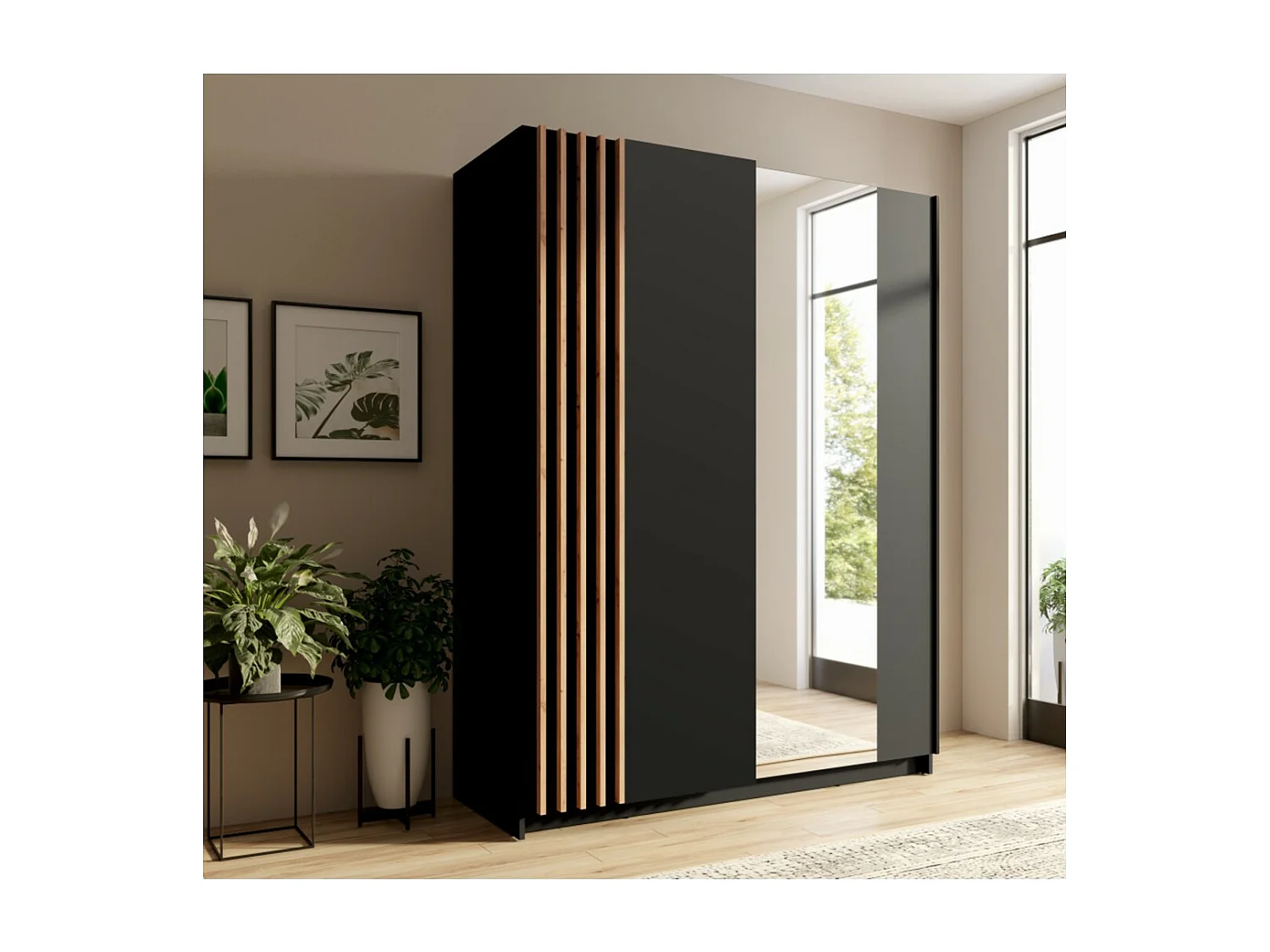 Schuifdeurenkast met 2 deuren 200 cm - zwart en eiken - Collectie VARIA