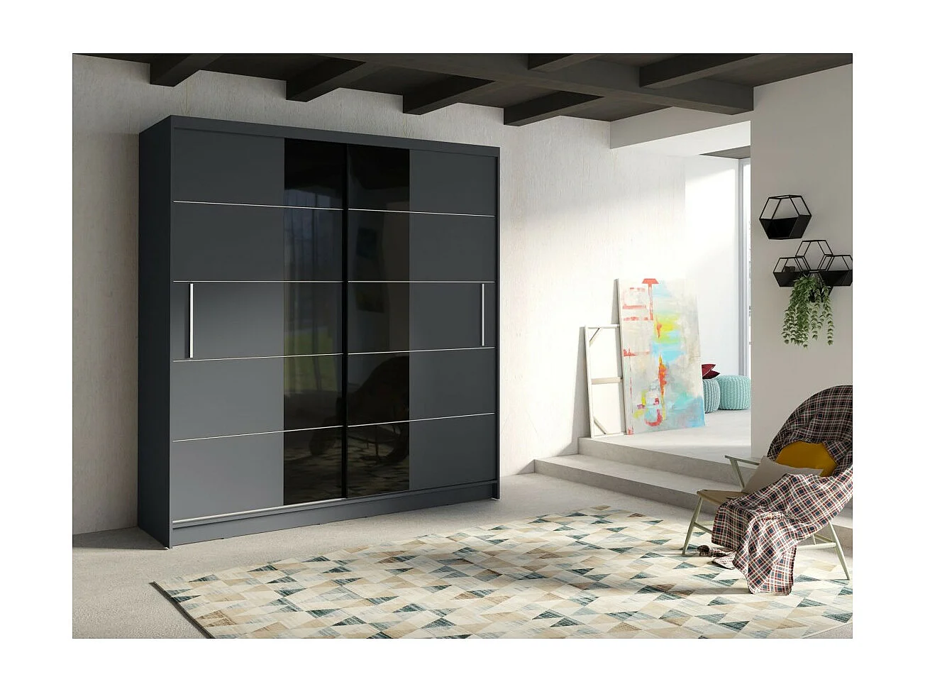 Armoire design 200cm coloris gris graphite et noir collection NARAGO