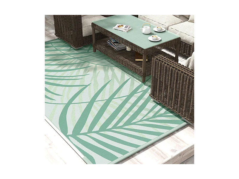 Tapis d'extérieur réversible imperméable dim. 365L x 274l cm motif feuillage sac transport motif feuillage PP vert crème