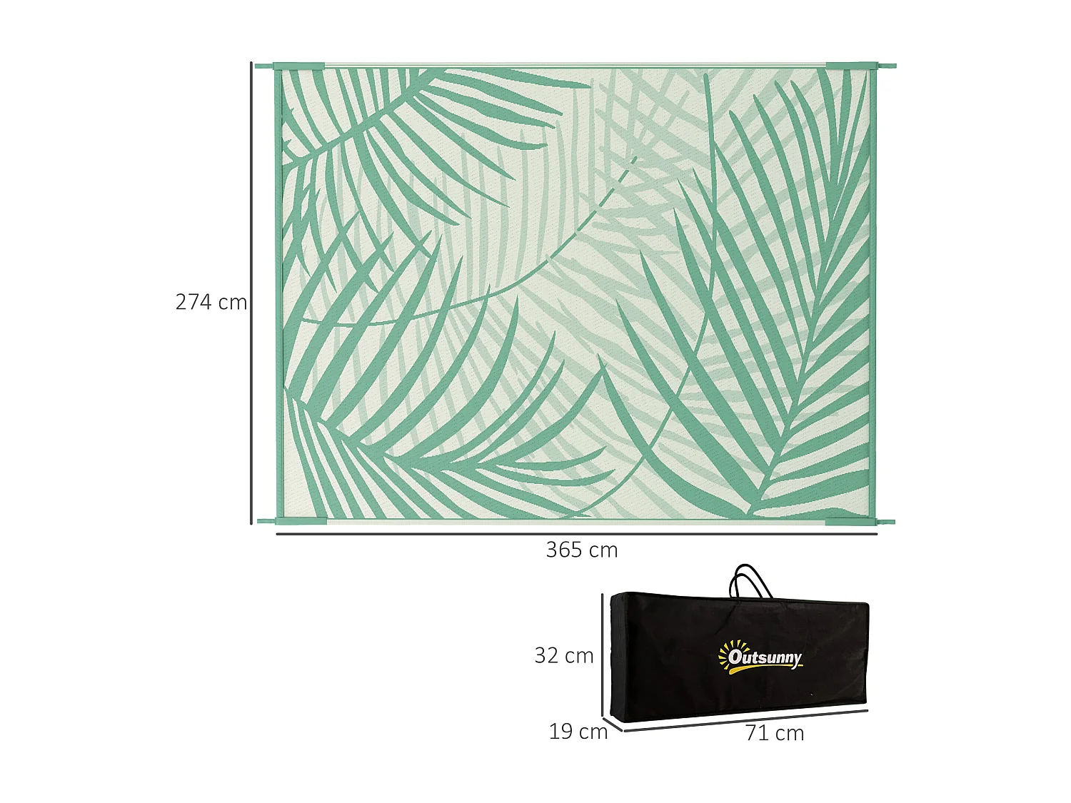 Tapis d'extérieur réversible imperméable dim. 365L x 274l cm motif feuillage sac transport motif feuillage PP vert crème