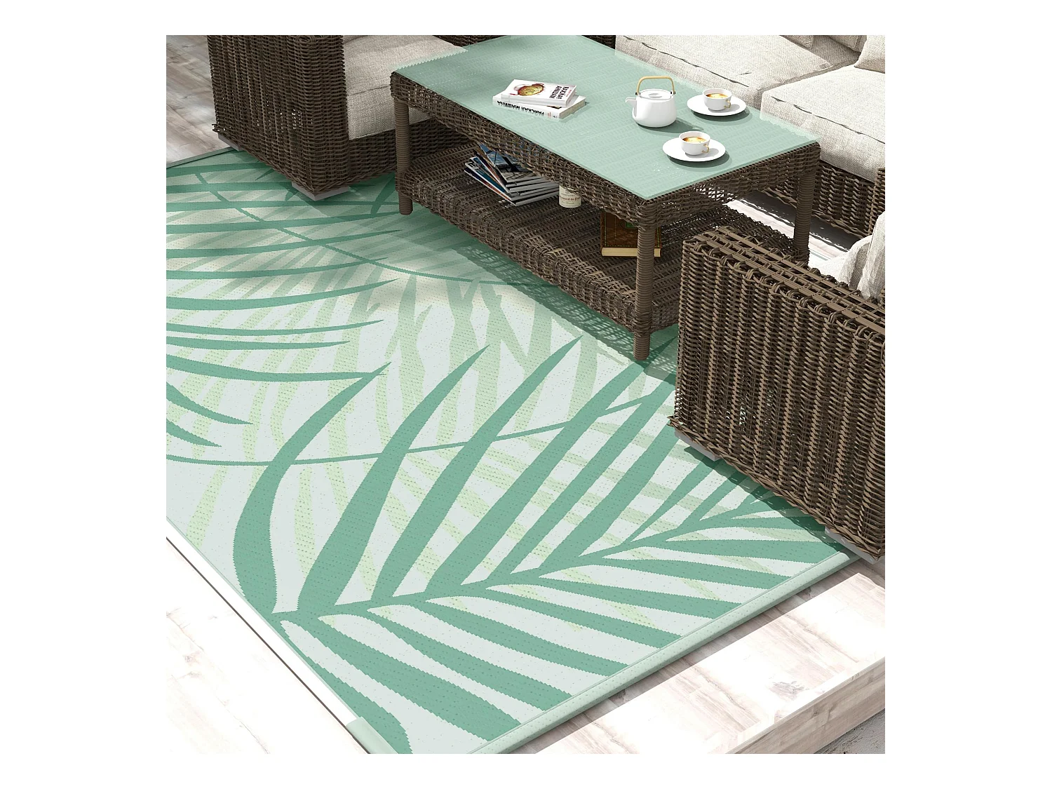 Tapis d'extérieur réversible imperméable dim. 365L x 274l cm motif feuillage sac transport motif feuillage PP vert crème