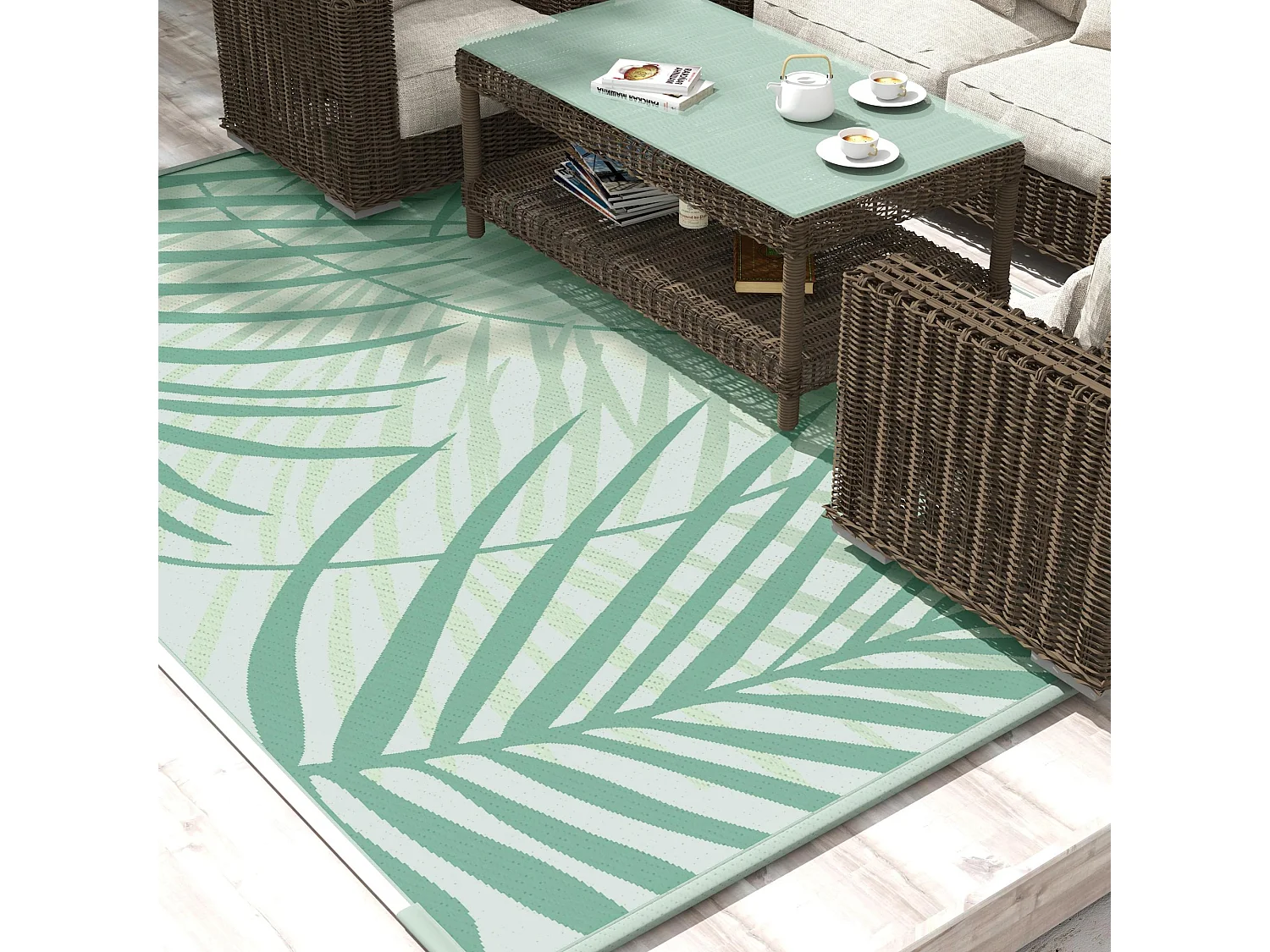 Tapis d'extérieur réversible imperméable dim. 365L x 274l cm motif feuillage sac transport motif feuillage PP vert crème