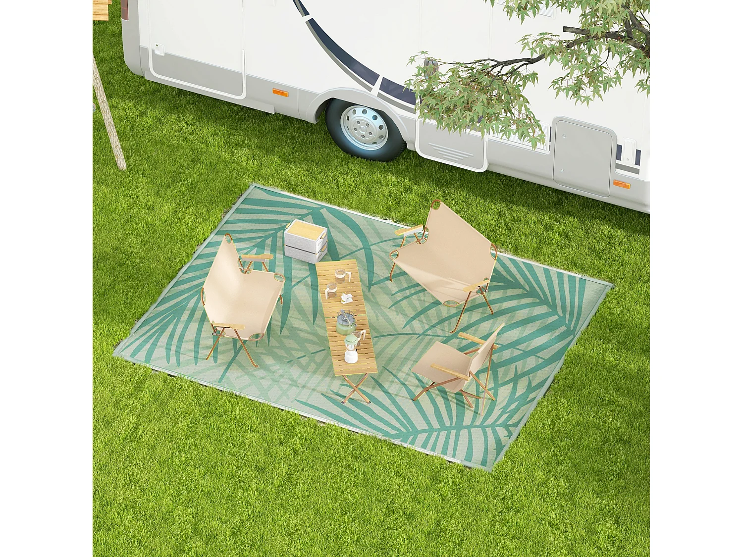 Tapis d'extérieur réversible imperméable dim. 365L x 274l cm motif feuillage sac transport motif feuillage PP vert crème