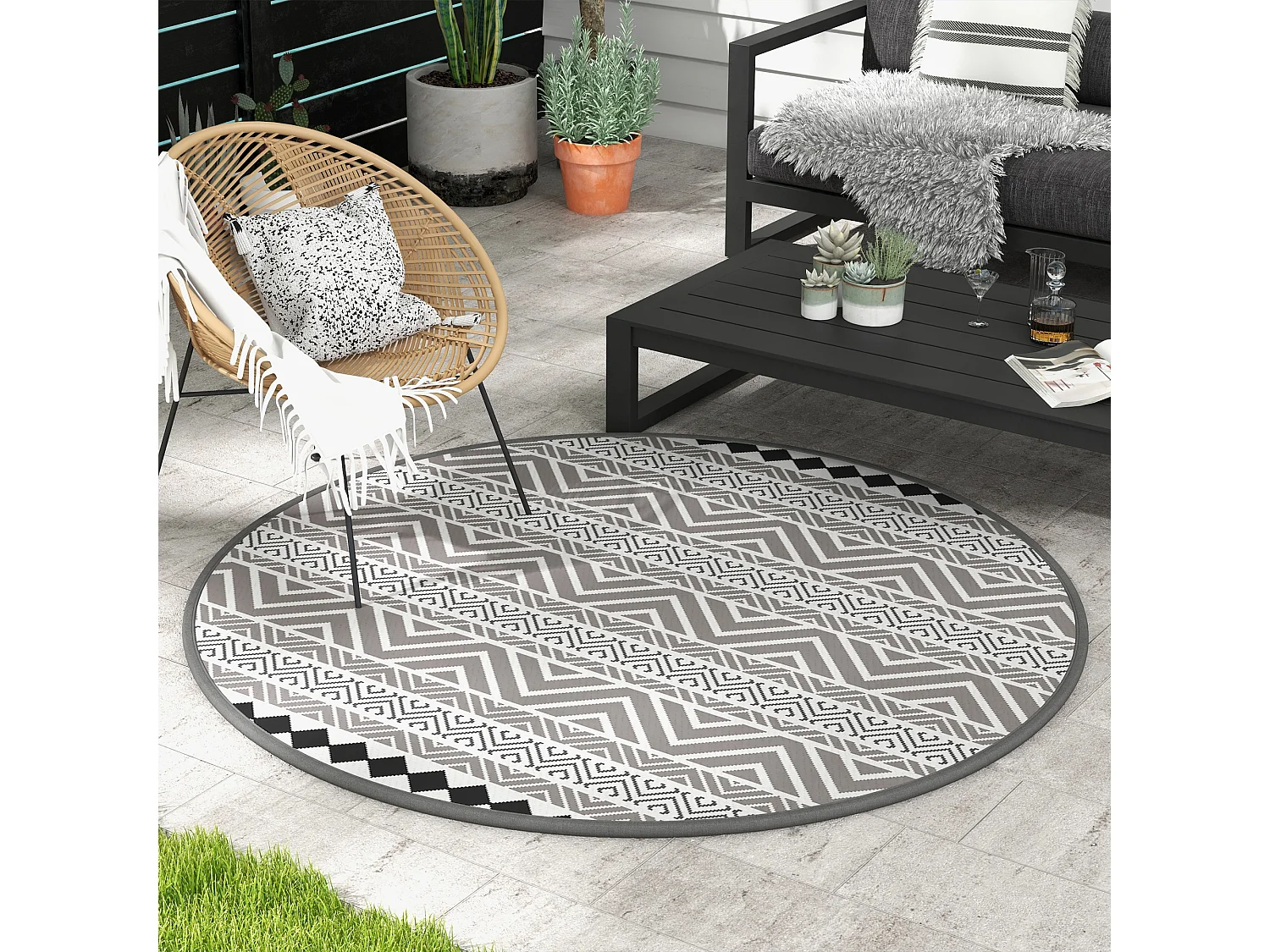 Tapis d'extérieur réversible imperméable Ø 180 cm sac de transport PP multicolore