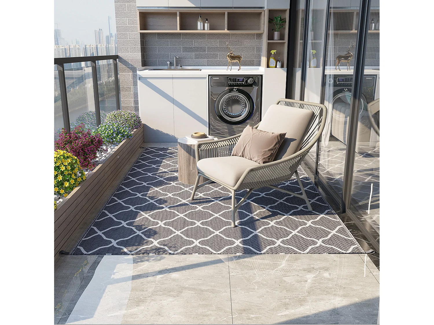 Tapis extérieur style graphique - tapis réversible bicolore - dim. 2,74L x 1,82l m, ép. 3 mm - PP haute densité 310 g/m² gris blanc