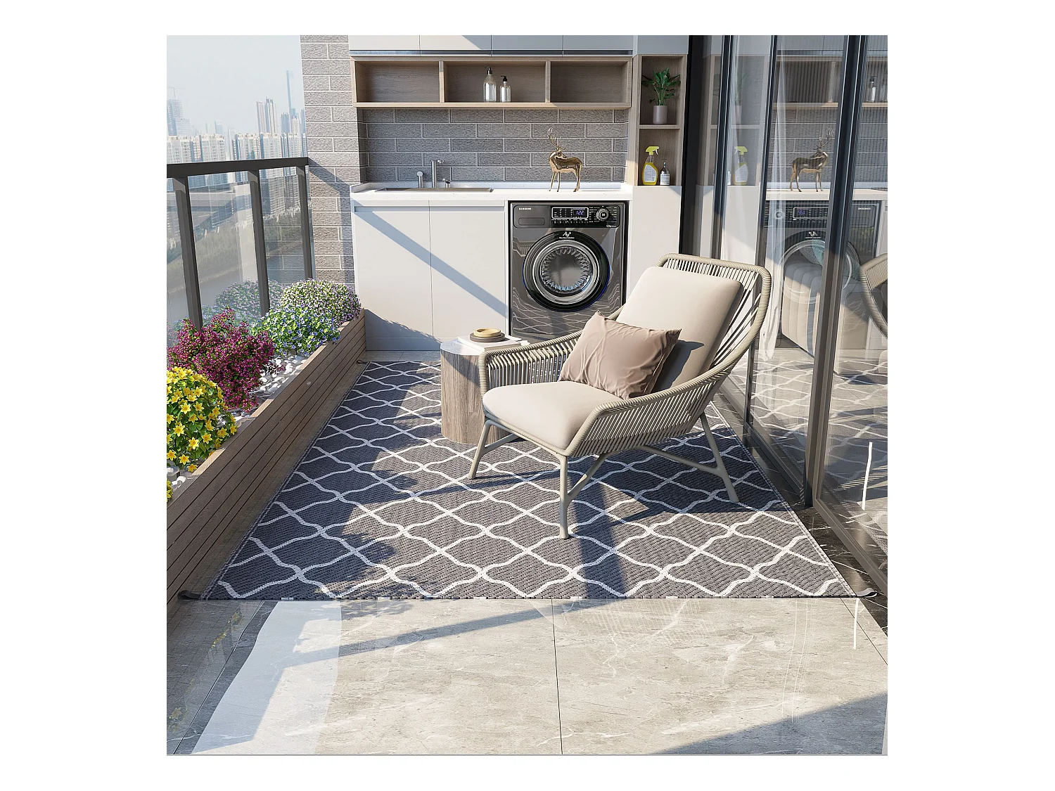 Tapis extérieur style graphique - tapis réversible bicolore - dim. 2,74L x 1,82l m, ép. 3 mm - PP haute densité 310 g/m² gris blanc