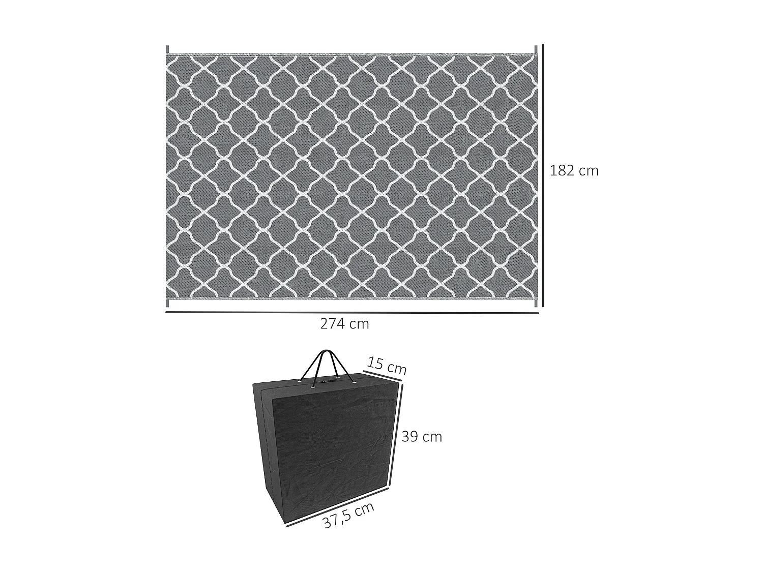 Tapis extérieur style graphique - tapis réversible bicolore - dim. 2,74L x 1,82l m, ép. 3 mm - PP haute densité 310 g/m² gris blanc