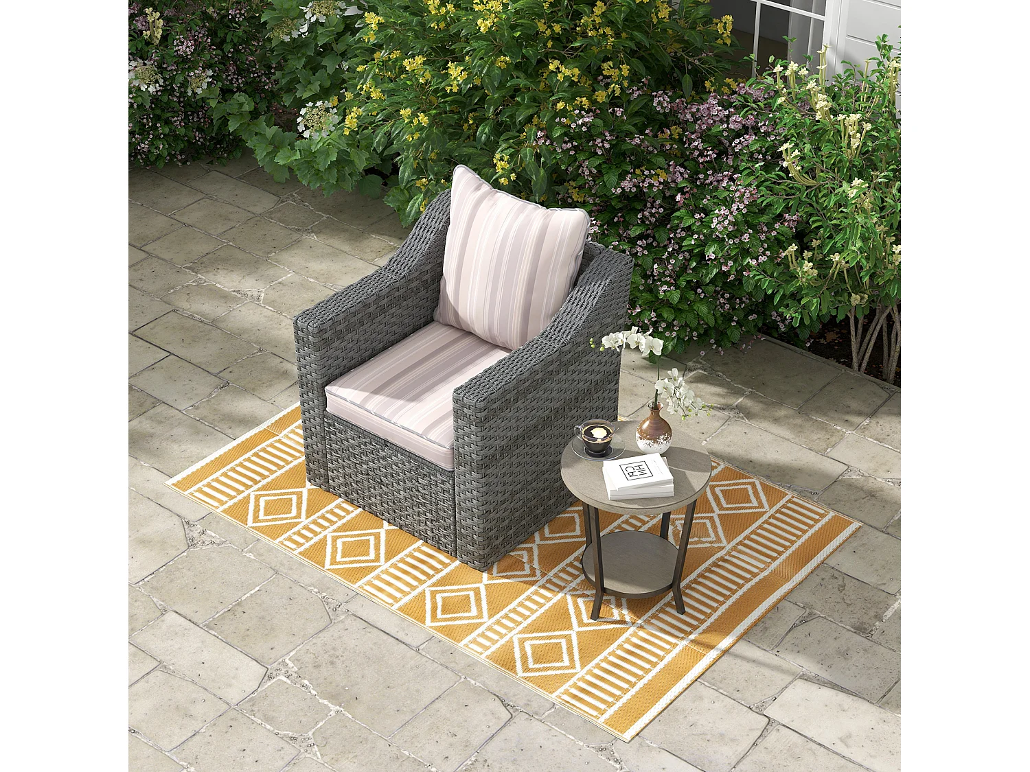 Tapis d'extérieur réversible imperméable motifs géométriques - dim. 121L x 182l cm - PP marron crème