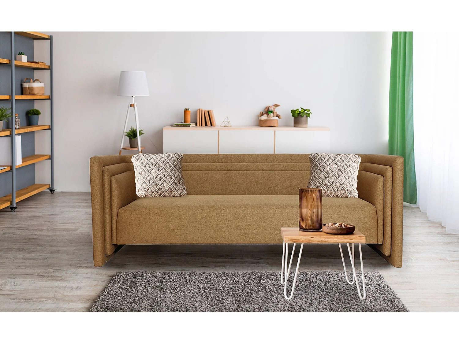 Canapé moderne 3 places style cubique Fredonia Tissu Marron