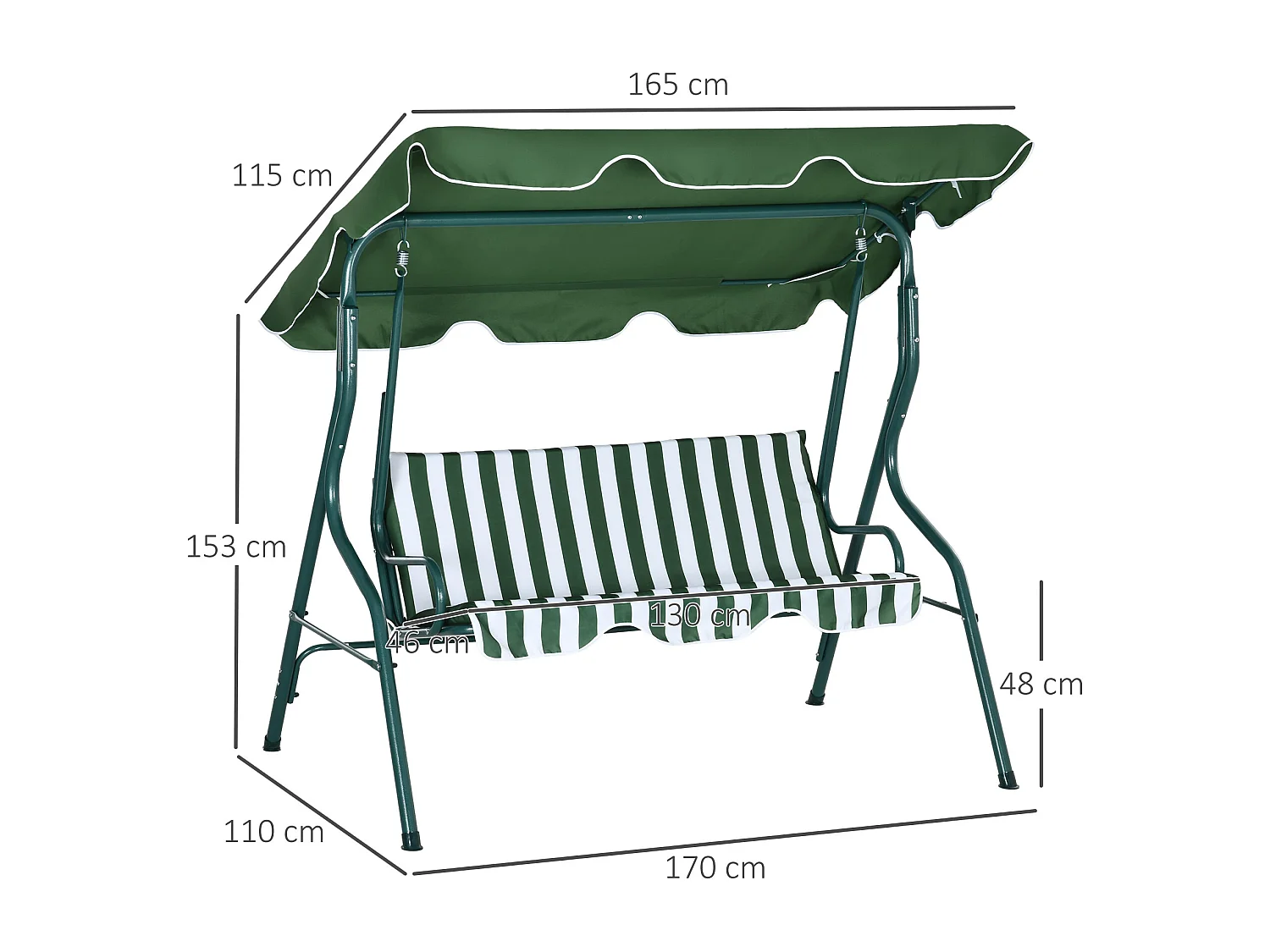 Balancelle de jardin 3 places coussins assise dossier vert blanc rayé